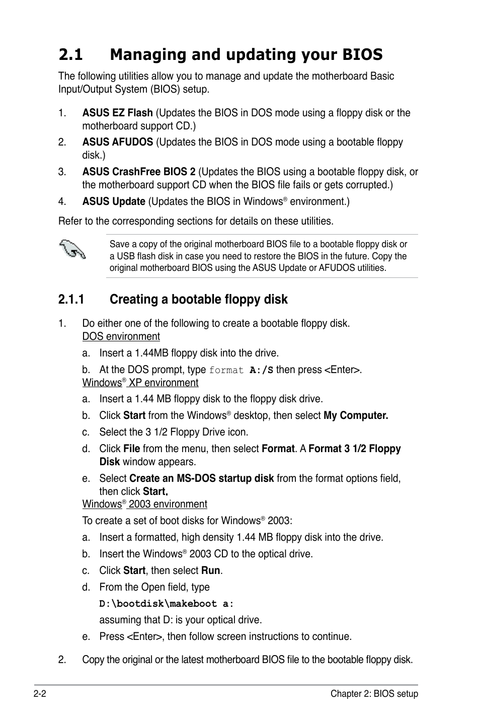 1 managing and updating your bios, 1 creating a bootable floppy disk | Asus P5B-MX/WIFI-AP User Manual | Page 52 / 94