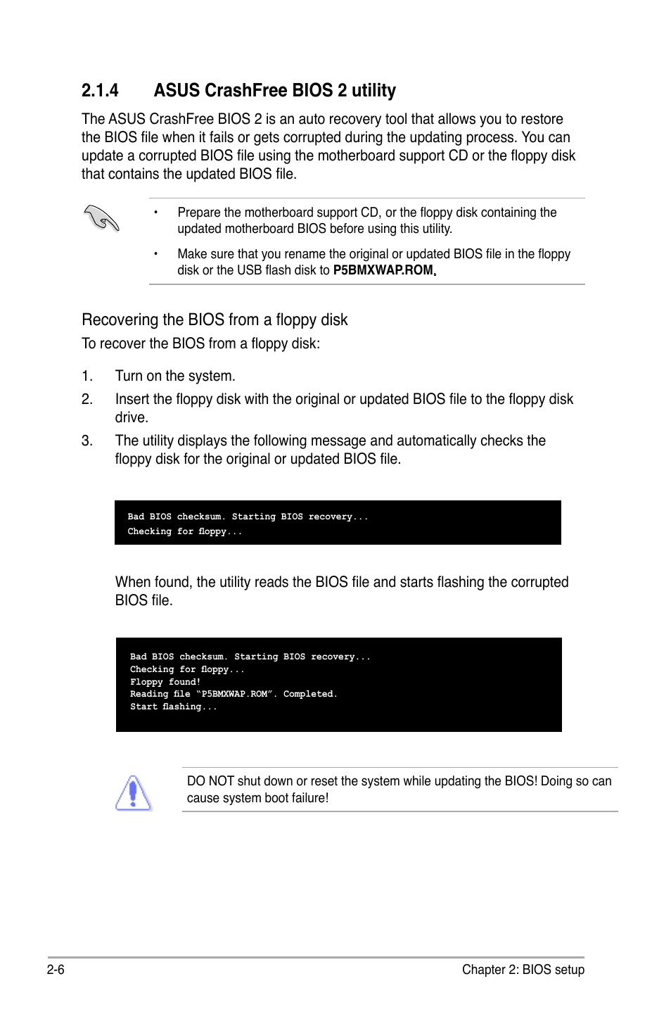 4 asus crashfree bios 2 utility, Recovering the bios from a floppy disk | Asus P5B-MX/WIFI-AP User Manual | Page 56 / 94