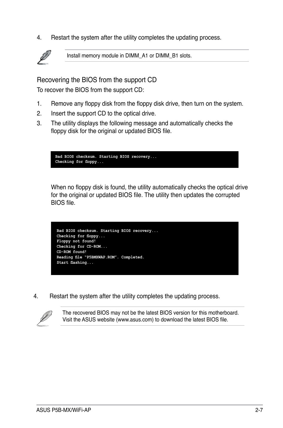 Recovering the bios from the support cd | Asus P5B-MX/WIFI-AP User Manual | Page 57 / 94