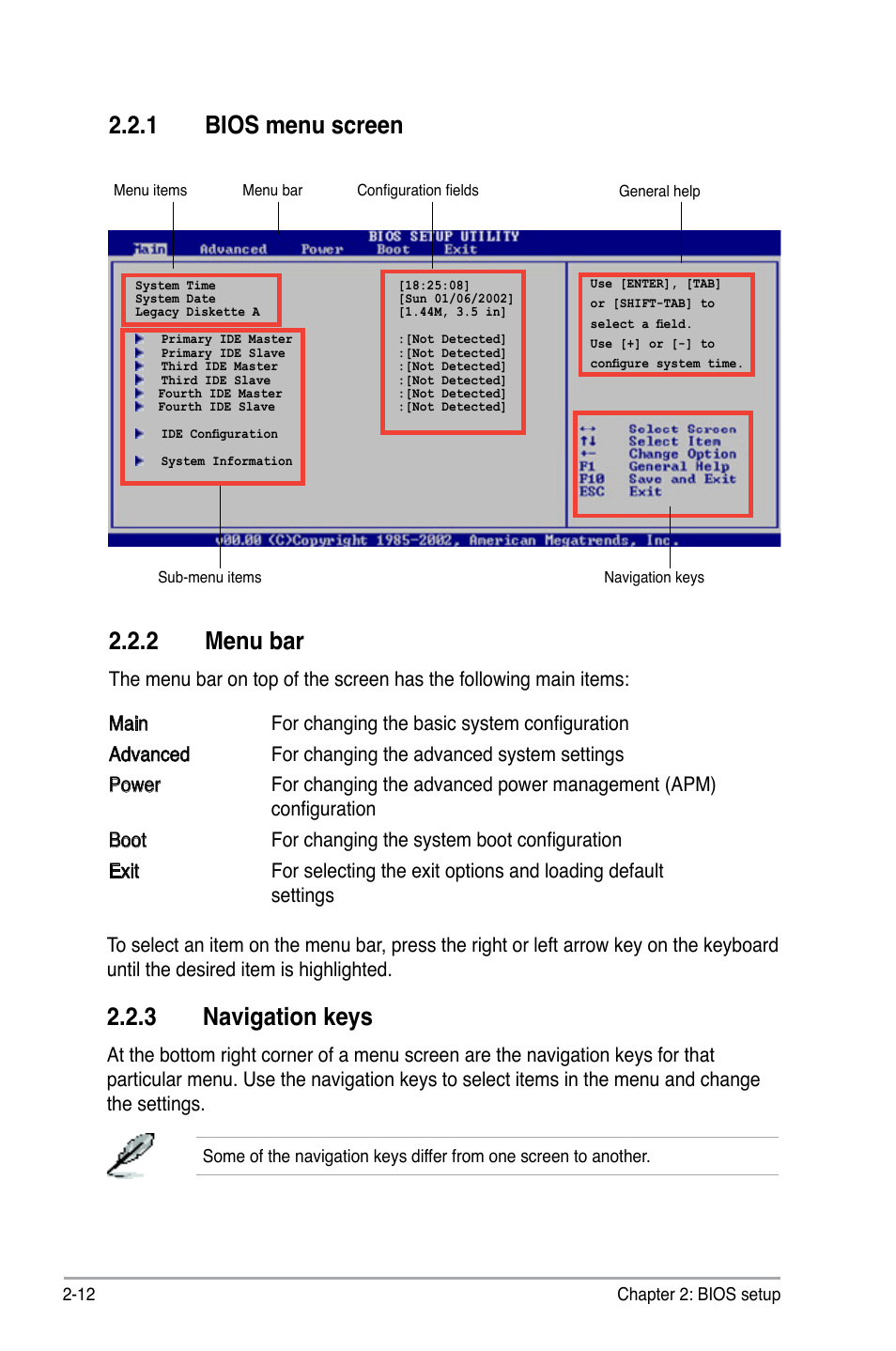 2 menu bar, 1 bios menu screen, 3 navigation keys | Asus P5B-MX/WIFI-AP User Manual | Page 62 / 94