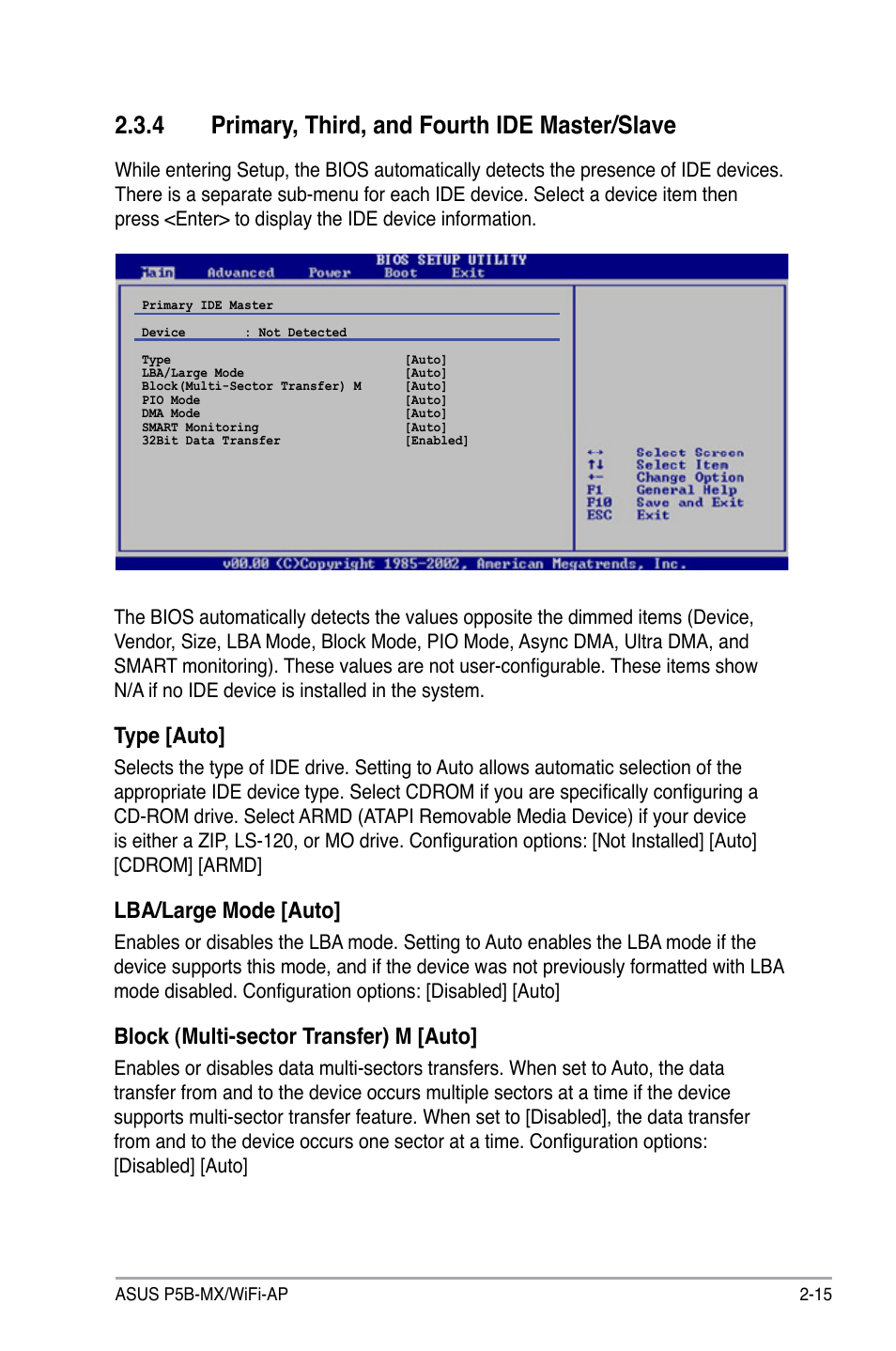 4 primary, third, and fourth ide master/slave, Type [auto, Lba/large mode [auto | Block (multi-sector transfer) m [auto | Asus P5B-MX/WIFI-AP User Manual | Page 65 / 94
