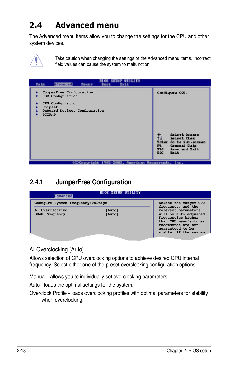 4 advanced menu, 1 jumperfree configuration, Ai overclocking [auto | Asus P5B-MX/WIFI-AP User Manual | Page 68 / 94