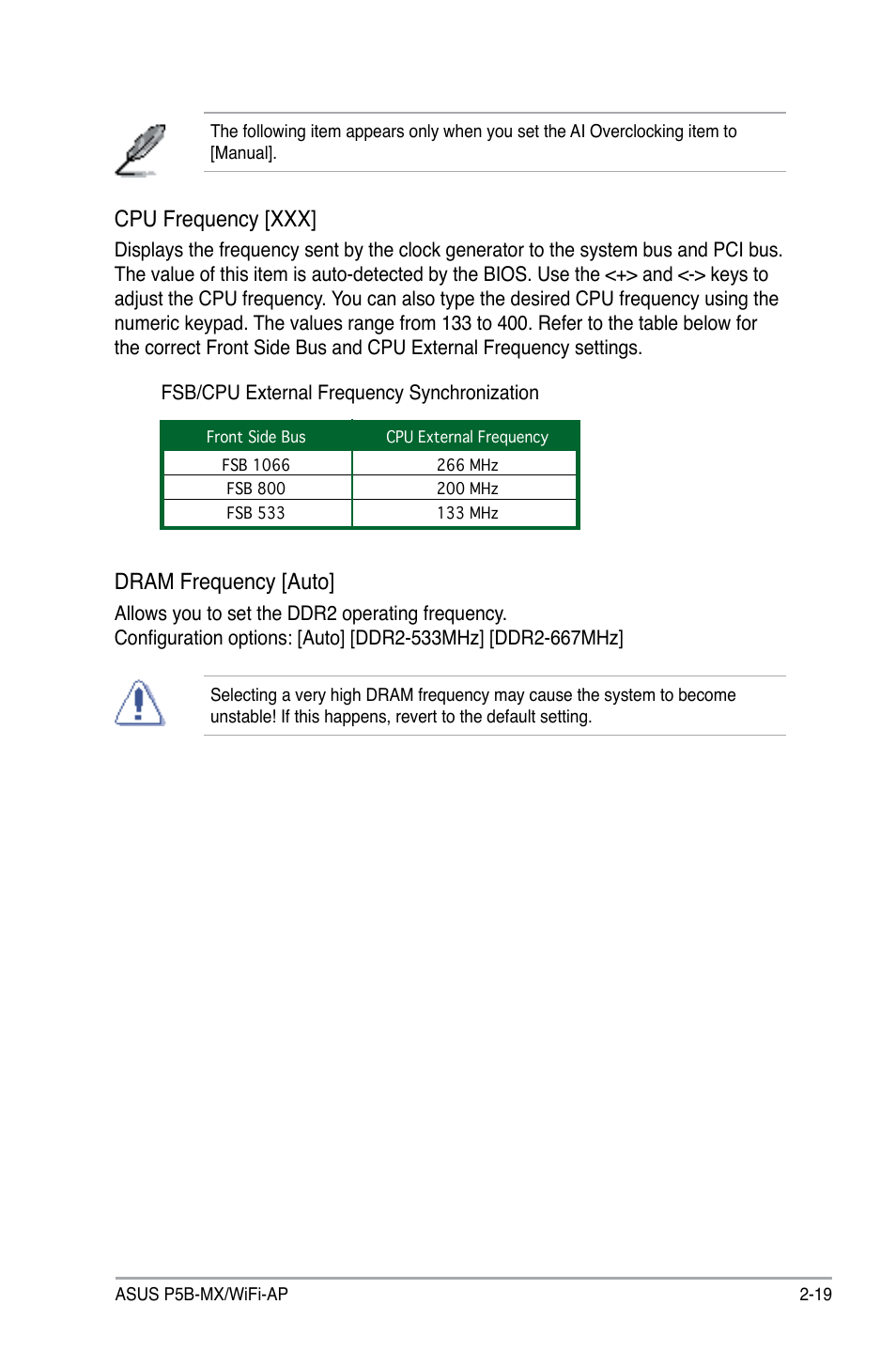 Dram frequency [auto, Cpu frequency [xxx | Asus P5B-MX/WIFI-AP User Manual | Page 69 / 94