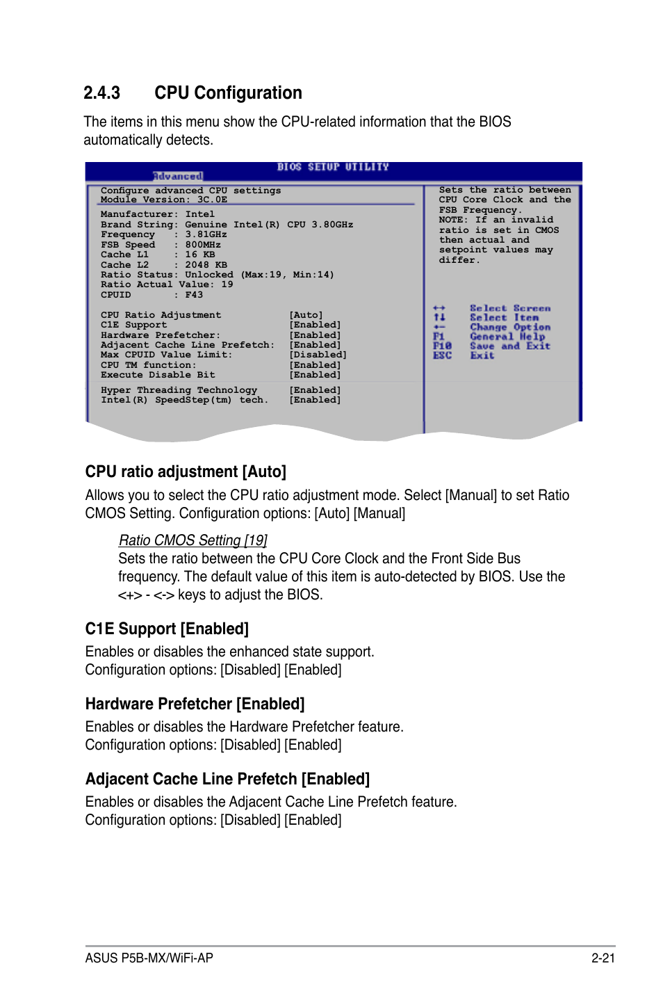 3 cpu configuration, Cpu ratio adjustment [auto, C1e support [enabled | Hardware prefetcher [enabled, Adjacent cache line prefetch [enabled | Asus P5B-MX/WIFI-AP User Manual | Page 71 / 94