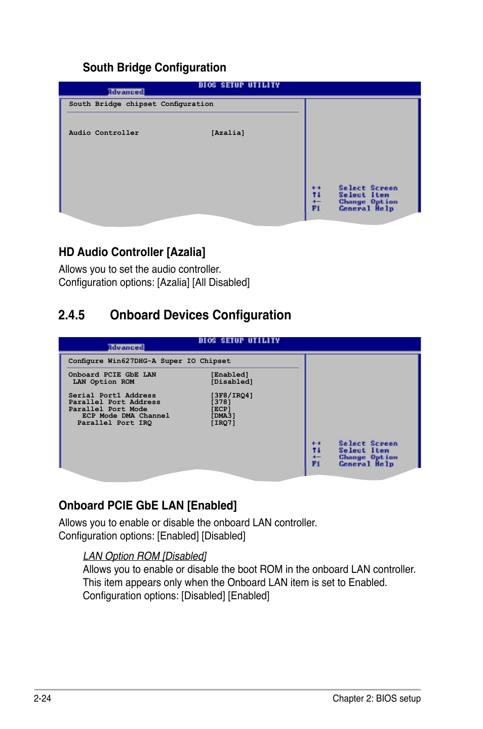 5 onboard devices configuration, South bridge configuration, Hd audio controller [azalia | Onboard pcie gbe lan [enabled | Asus P5B-MX/WIFI-AP User Manual | Page 74 / 94