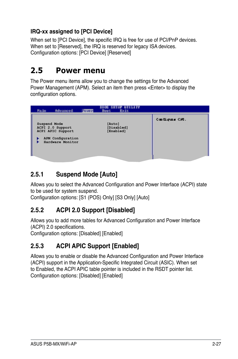 5 power menu, 1 suspend mode [auto, 2 acpi 2.0 support [disabled | 3 acpi apic support [enabled | Asus P5B-MX/WIFI-AP User Manual | Page 77 / 94