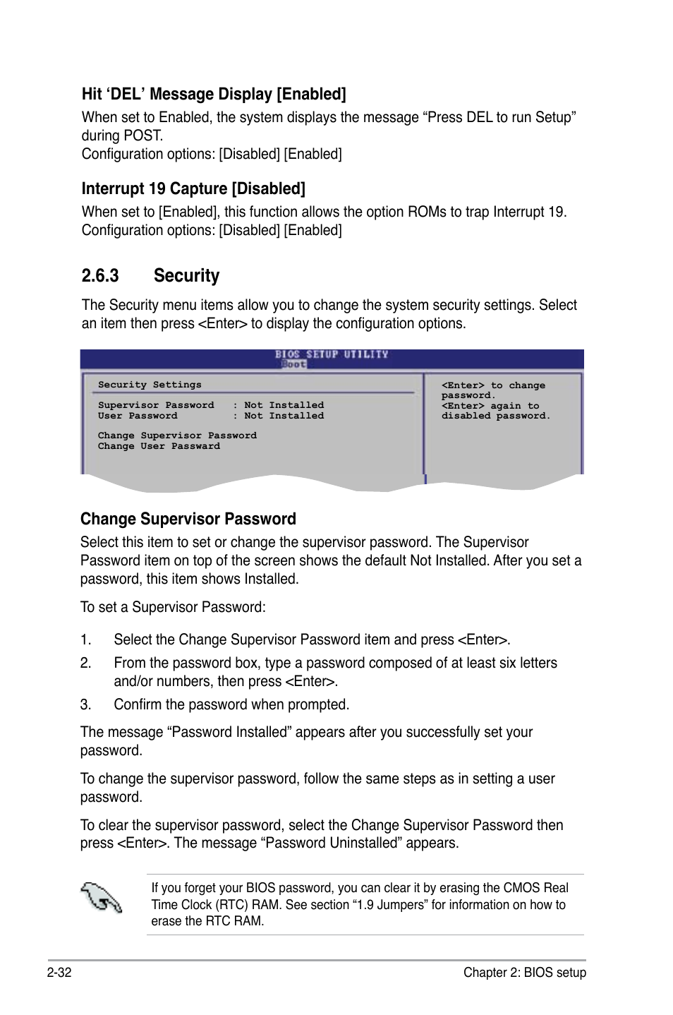 3 security, Hit ‘del’ message display [enabled, Interrupt 19 capture [disabled | Change supervisor password | Asus P5B-MX/WIFI-AP User Manual | Page 82 / 94