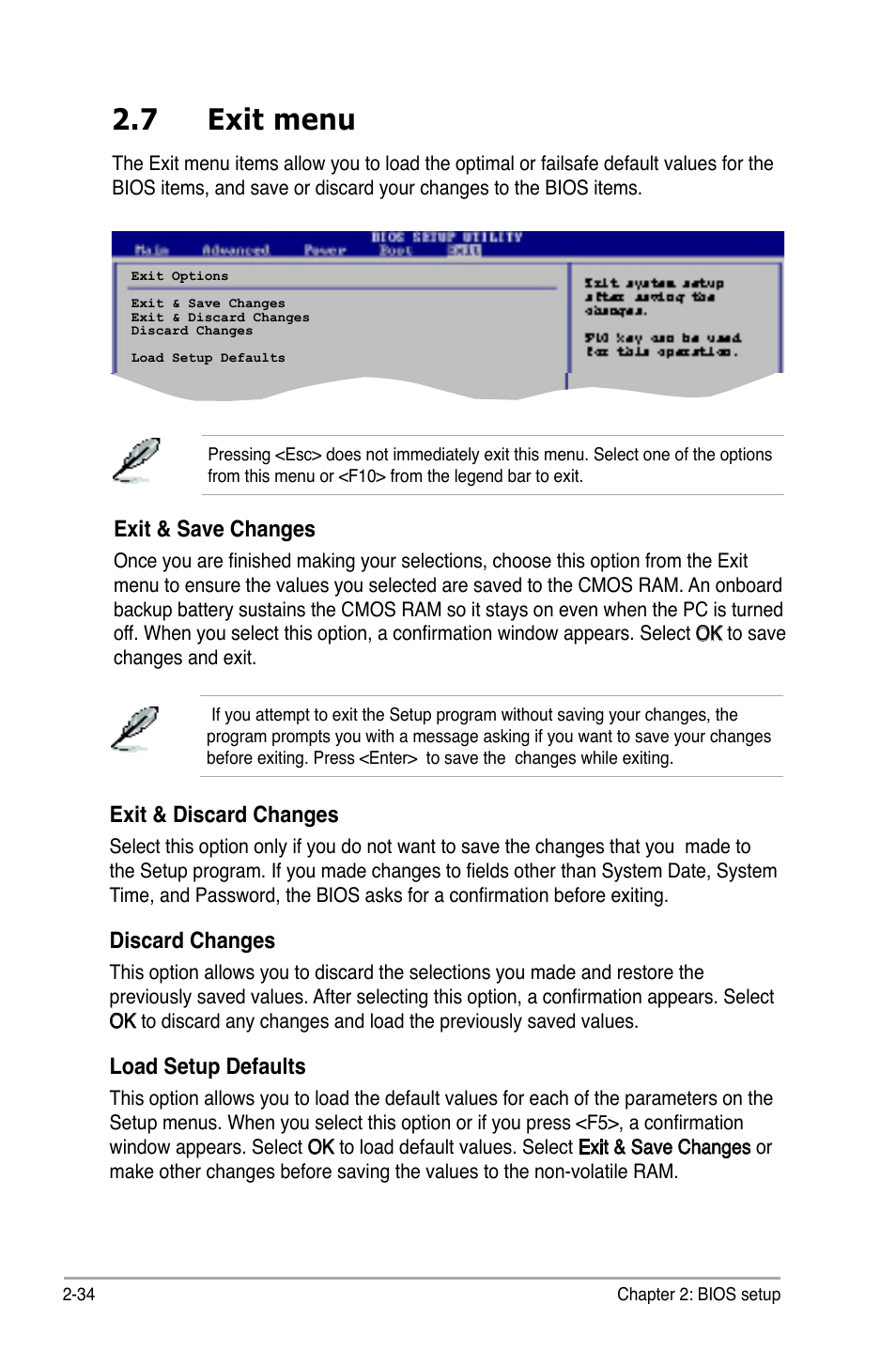 7 exit menu, Exit & discard changes, Discard changes | Load setup defaults, Exit & save changes | Asus P5B-MX/WIFI-AP User Manual | Page 84 / 94