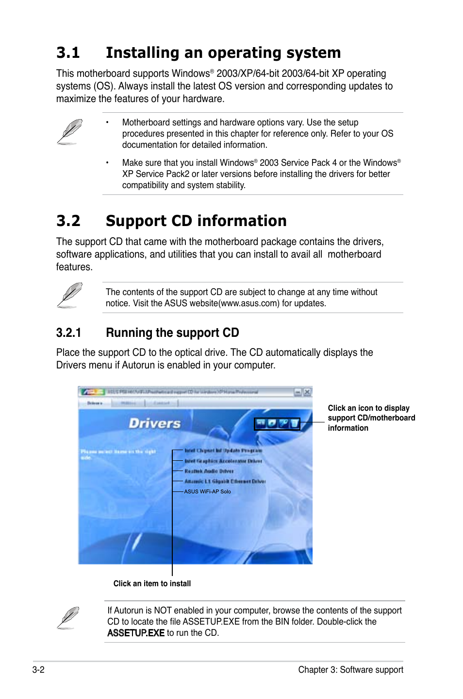 1 installing an operating system, 2 support cd information, 1 running the support cd | Asus P5B-MX/WIFI-AP User Manual | Page 86 / 94