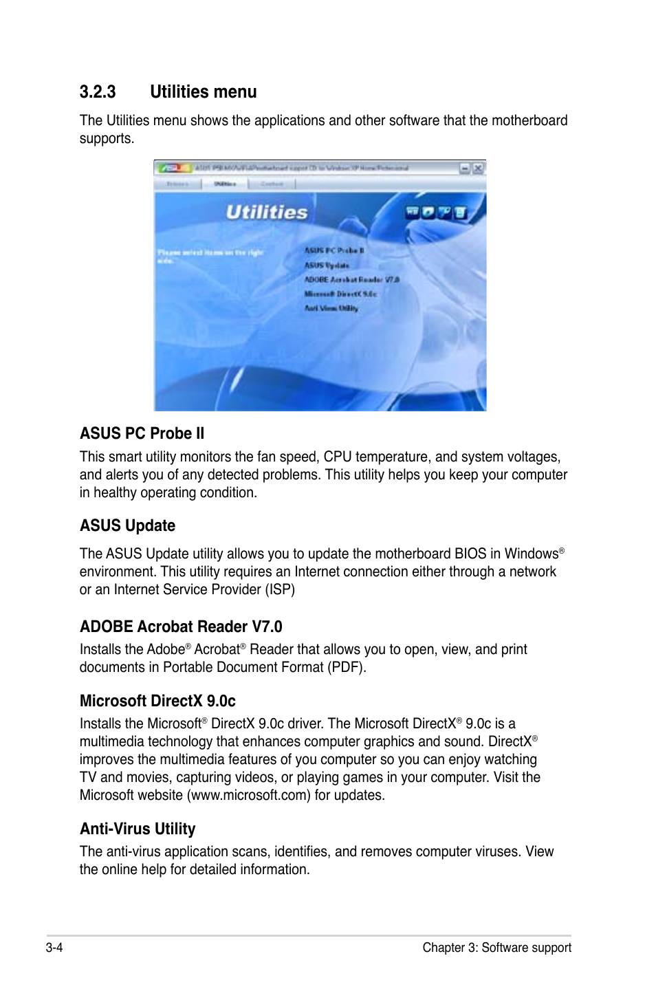3 utilities menu, Asus pc probe ii, Asus update | Adobe acrobat reader v7.0, Microsoft directx 9.0c, Anti-virus utility | Asus P5B-MX/WIFI-AP User Manual | Page 88 / 94