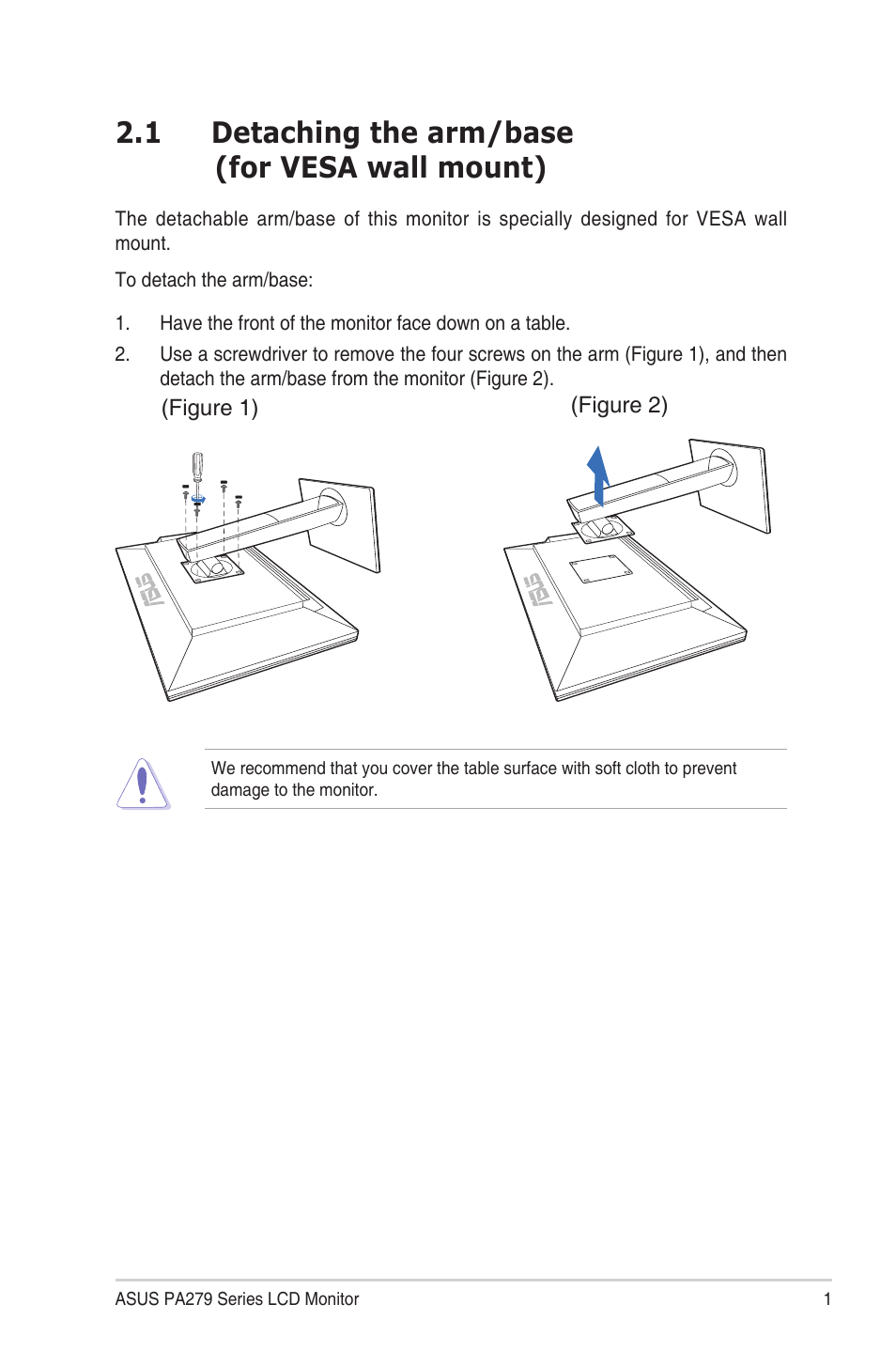 1 detaching the arm/base (for vesa wall mount) | Asus PA279Q User Manual | Page 13 / 26