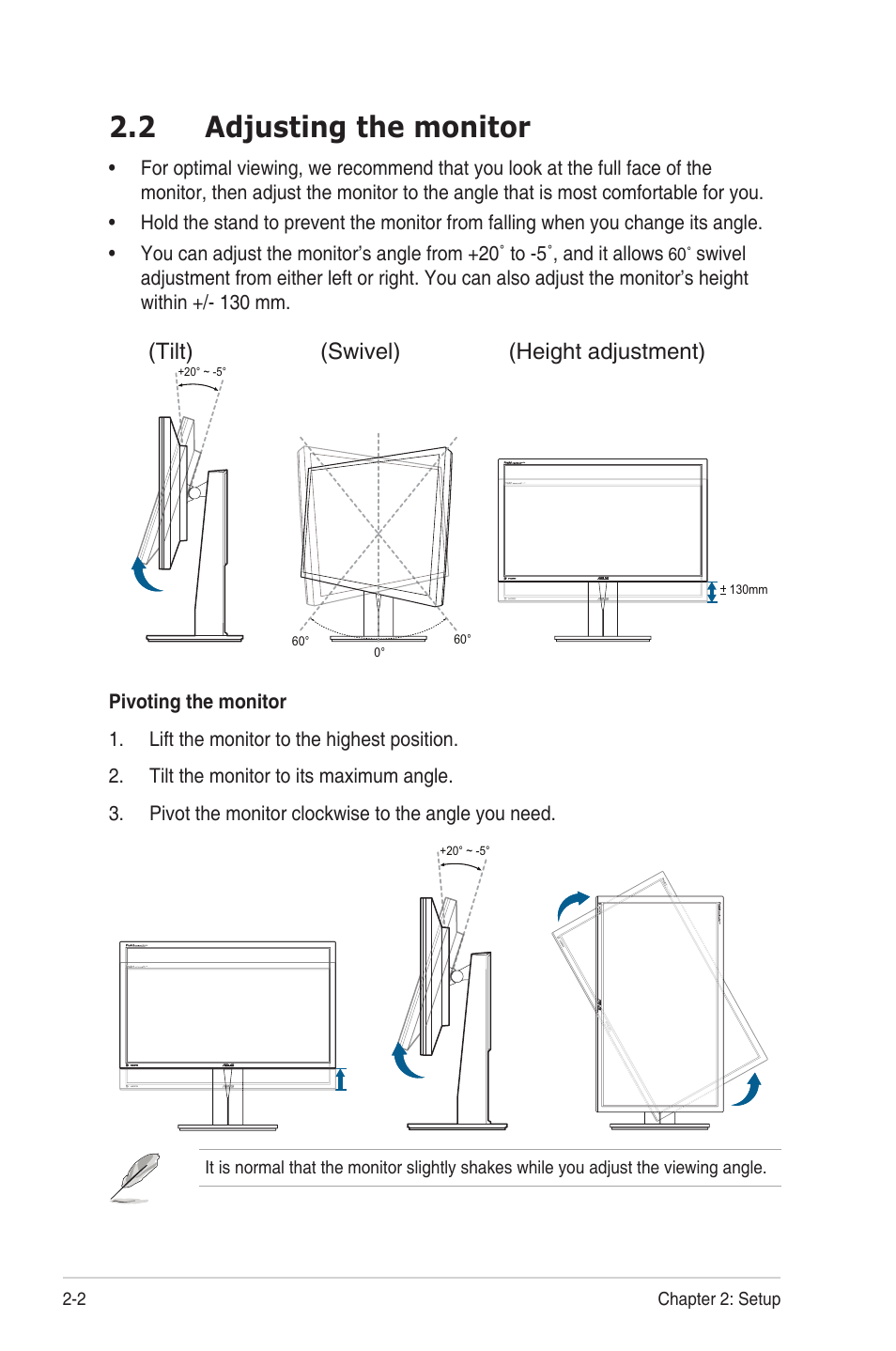 2 adjusting the monitor, Tilt) (swivel) (height adjustment) | Asus PA279Q User Manual | Page 14 / 26