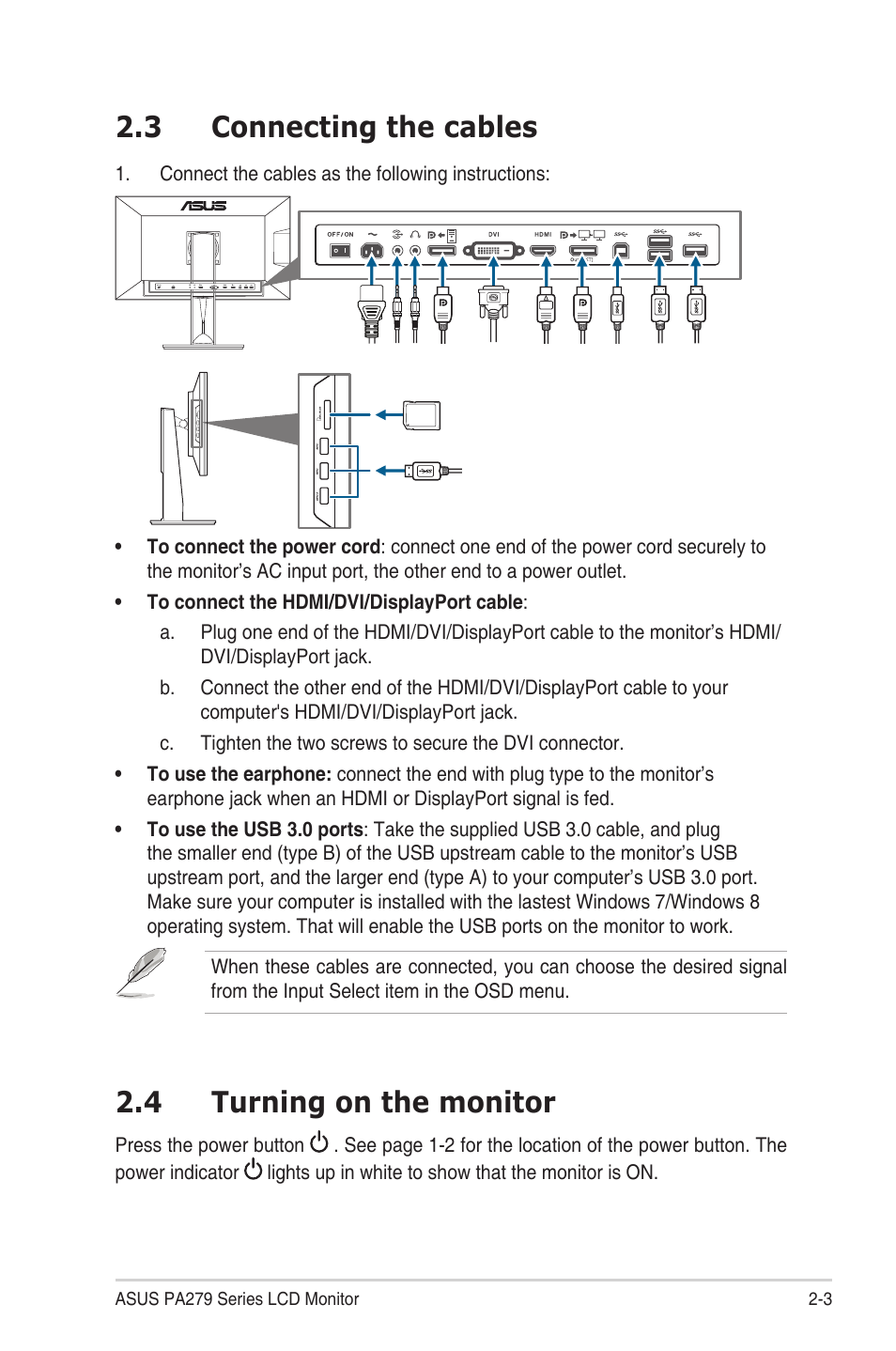 3 connecting the cables, 4 turning on the monitor | Asus PA279Q User Manual | Page 15 / 26