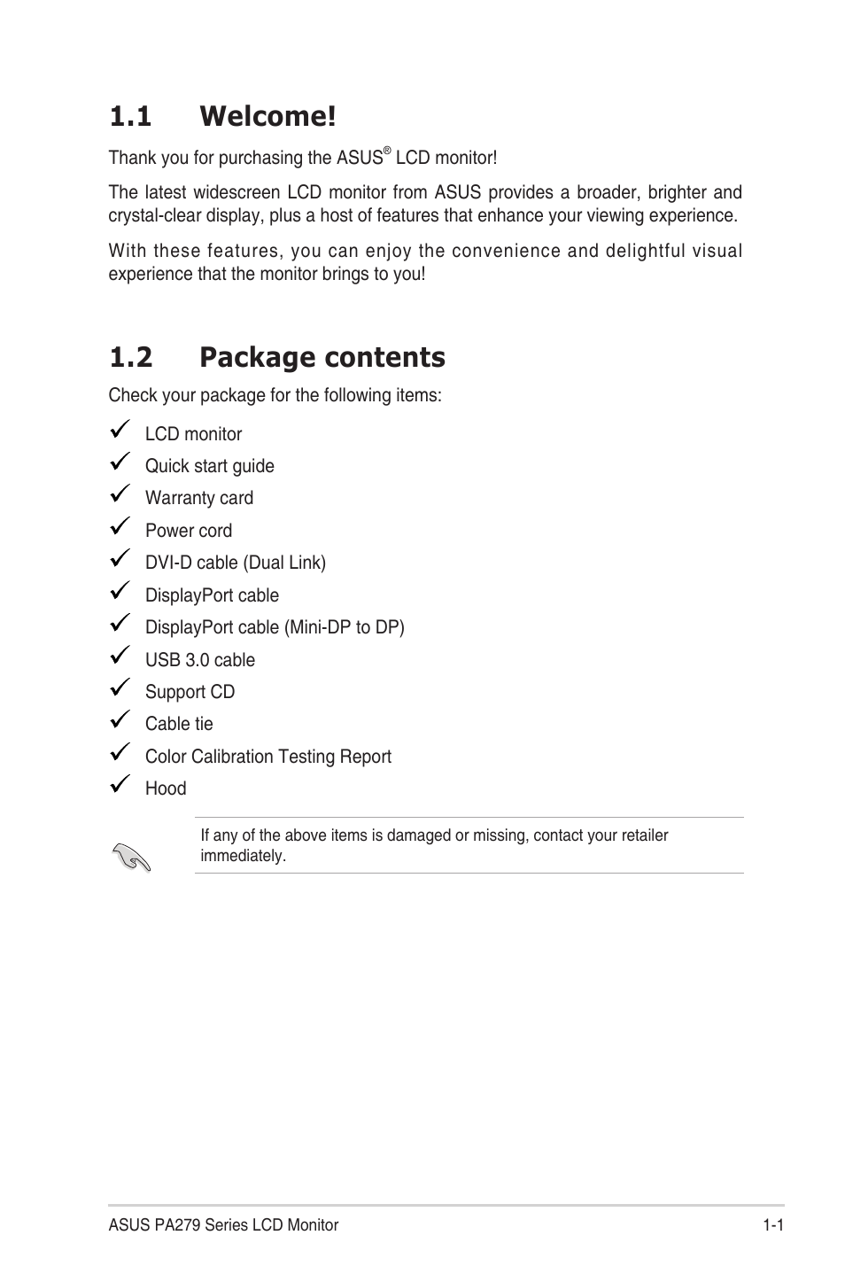 1 welcome, 2 package contents | Asus PA279Q User Manual | Page 7 / 26