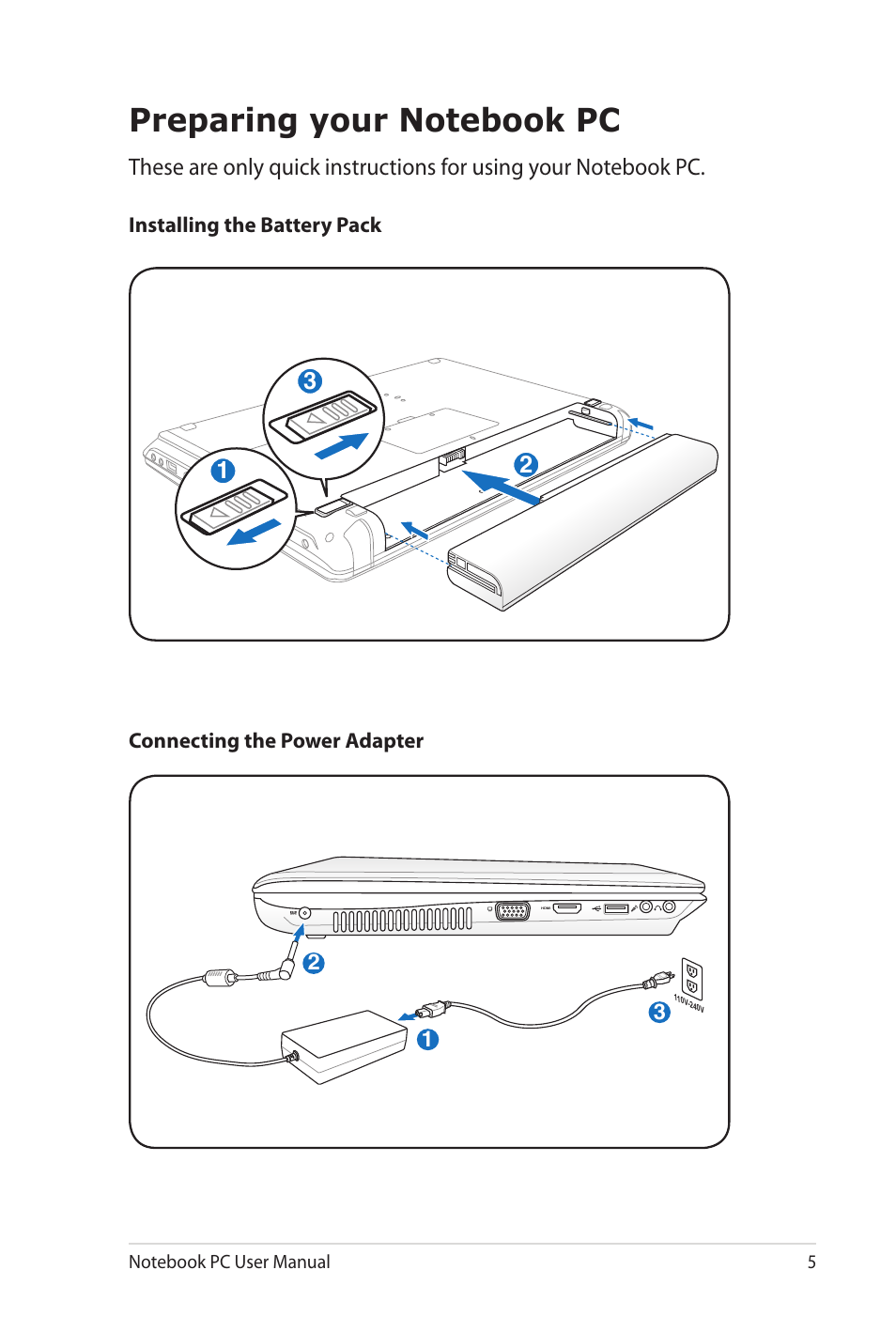 Preparing your notebook pc | Asus X8EJV User Manual | Page 5 / 28