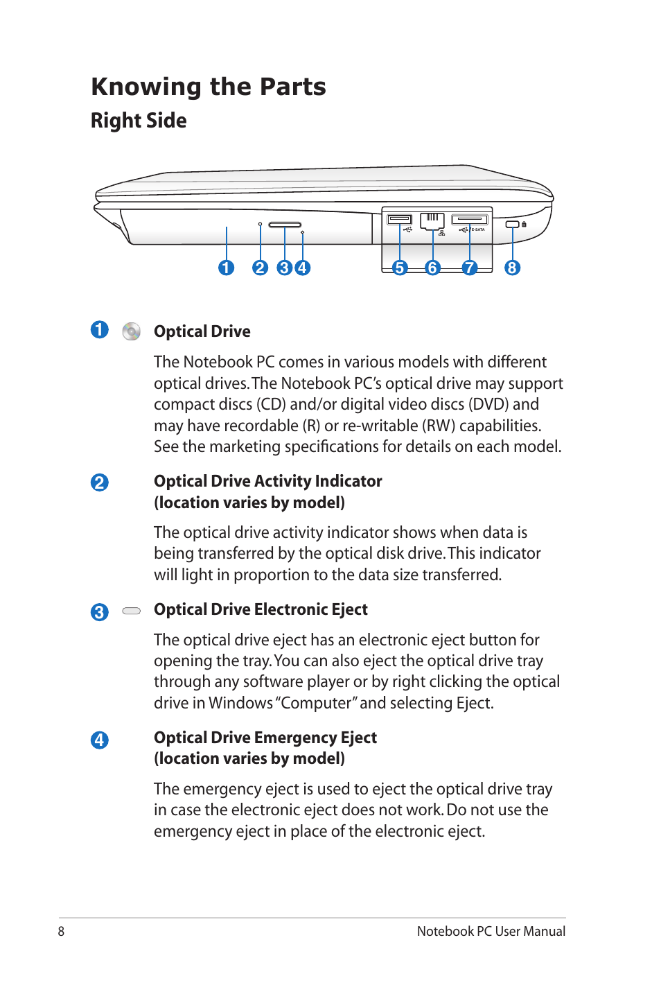 Knowing the parts, Right side | Asus X8EJV User Manual | Page 8 / 28