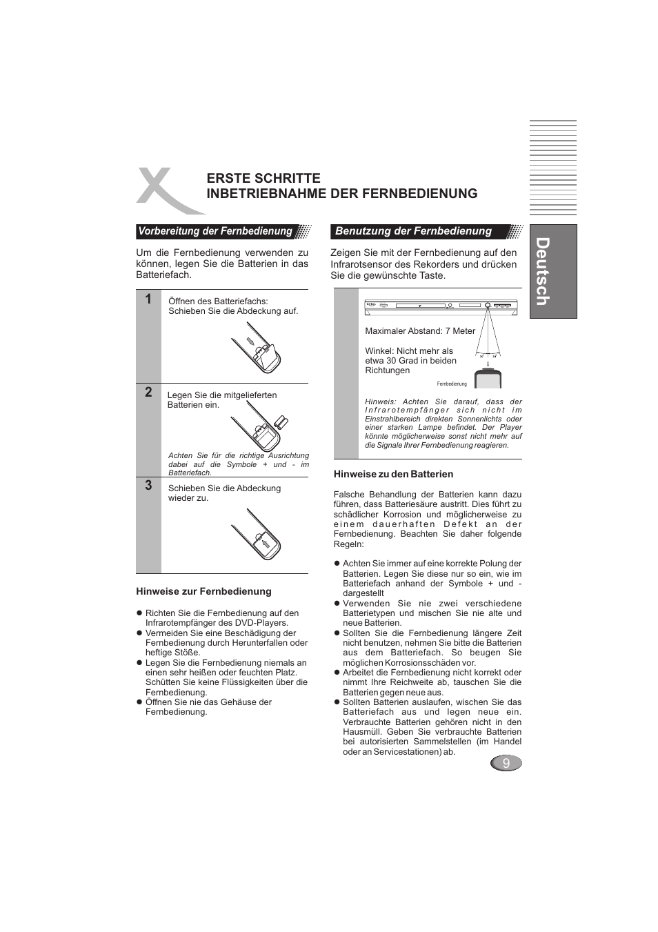 Deutsch, Erste schritte inbetriebnahme der fernbedienung | Xoro HSD 202 User Manual | Page 11 / 92