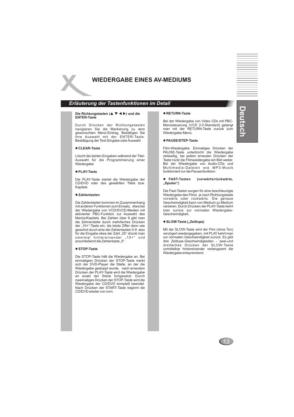 Deutsch, Wiedergabe eines av-mediums, Erläuterung der tastenfunktionen im detail | Xoro HSD 202 User Manual | Page 15 / 92