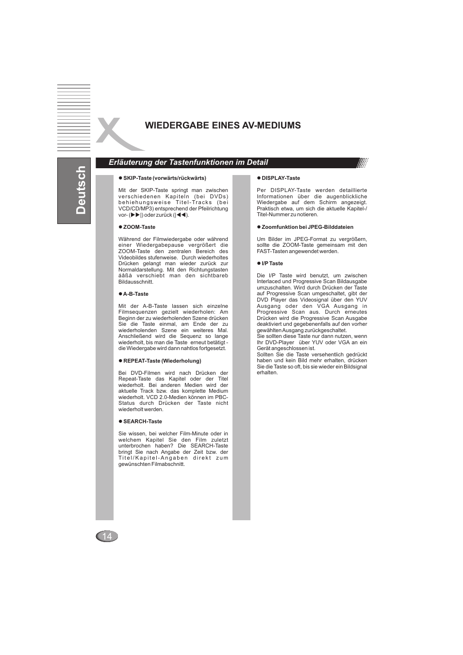 Deutsch, Wiedergabe eines av-mediums, Erläuterung der tastenfunktionen im detail | Xoro HSD 202 User Manual | Page 16 / 92