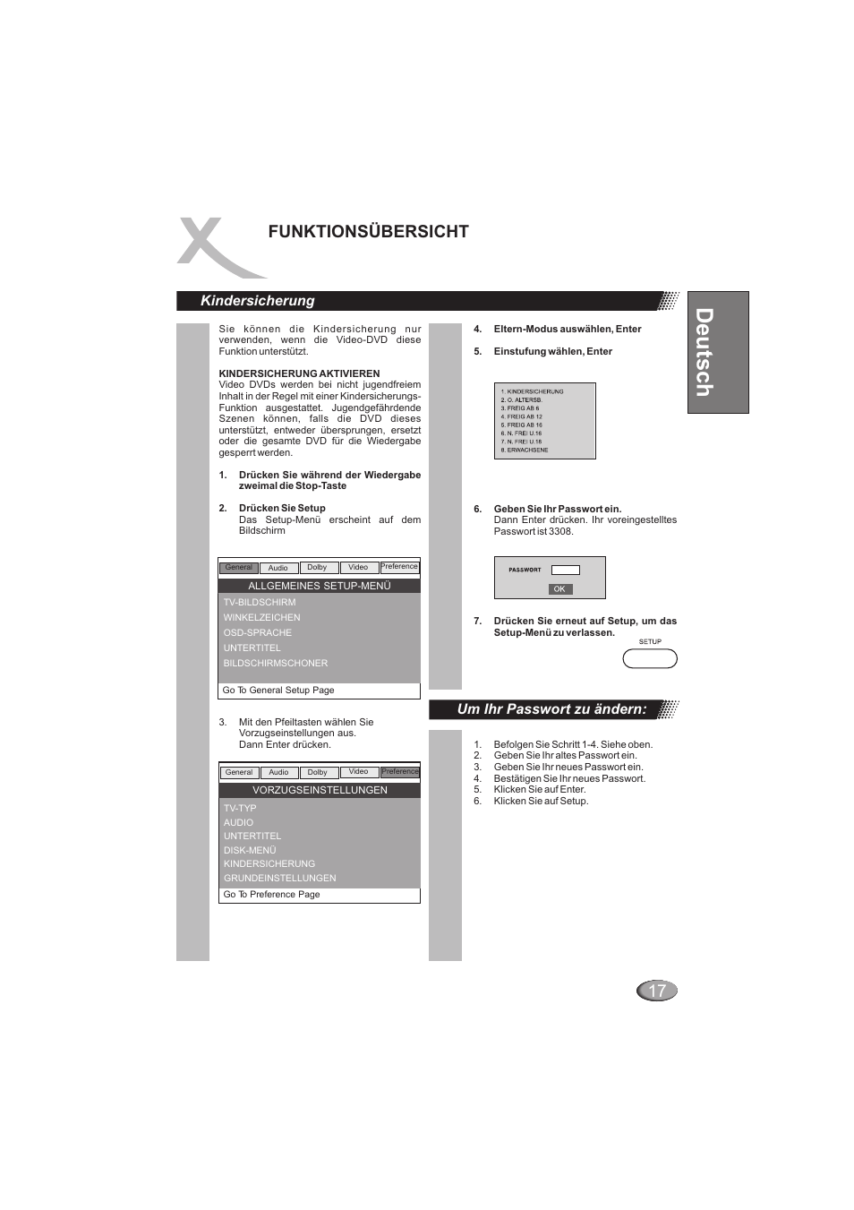 Deutsch, 17 funktionsübersicht, Kindersicherung | Um ihr passwort zu ändern | Xoro HSD 202 User Manual | Page 19 / 92