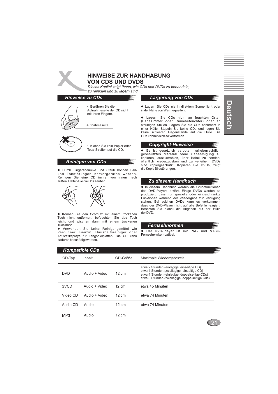 Deutsch, Hinweise zur handhabung von cds und dvds, Просмотр jpeg картинок | Xoro HSD 202 User Manual | Page 23 / 92