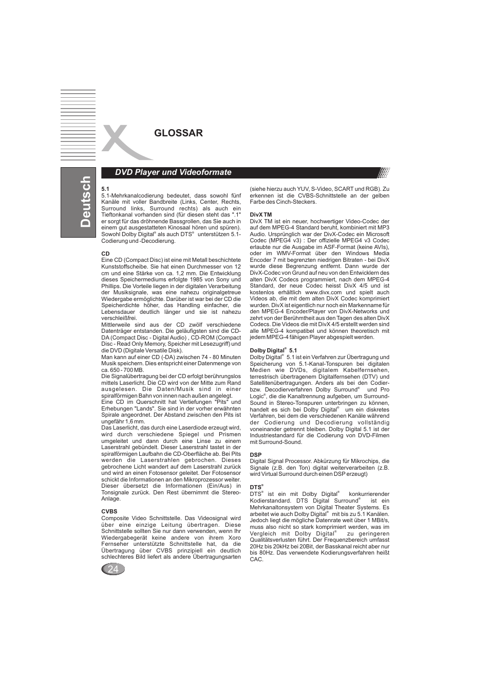 Deutsch, 24 glossar, Dvd player und videoformate | Xoro HSD 202 User Manual | Page 26 / 92