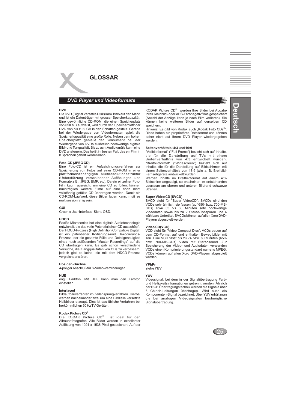 Deutsch, Glossar, Dvd player und videoformate | Xoro HSD 202 User Manual | Page 27 / 92