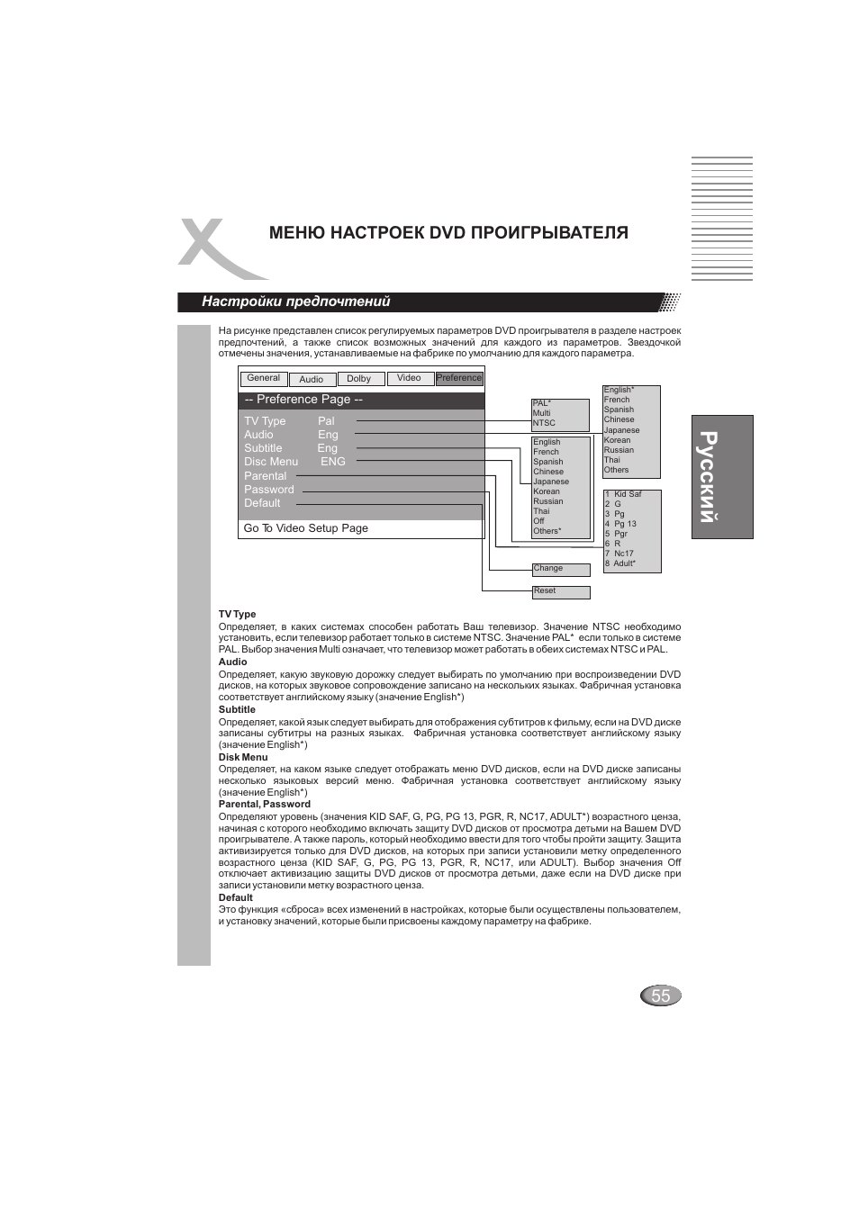 Ру сский, Менюнастроек dvd проигрывателя, Настройки предпочтений | Xoro HSD 202 User Manual | Page 55 / 92