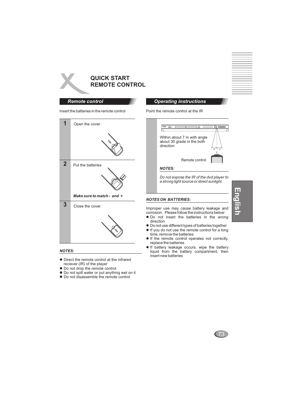 English, Quick start remote control | Xoro HSD 202 User Manual | Page 73 / 92