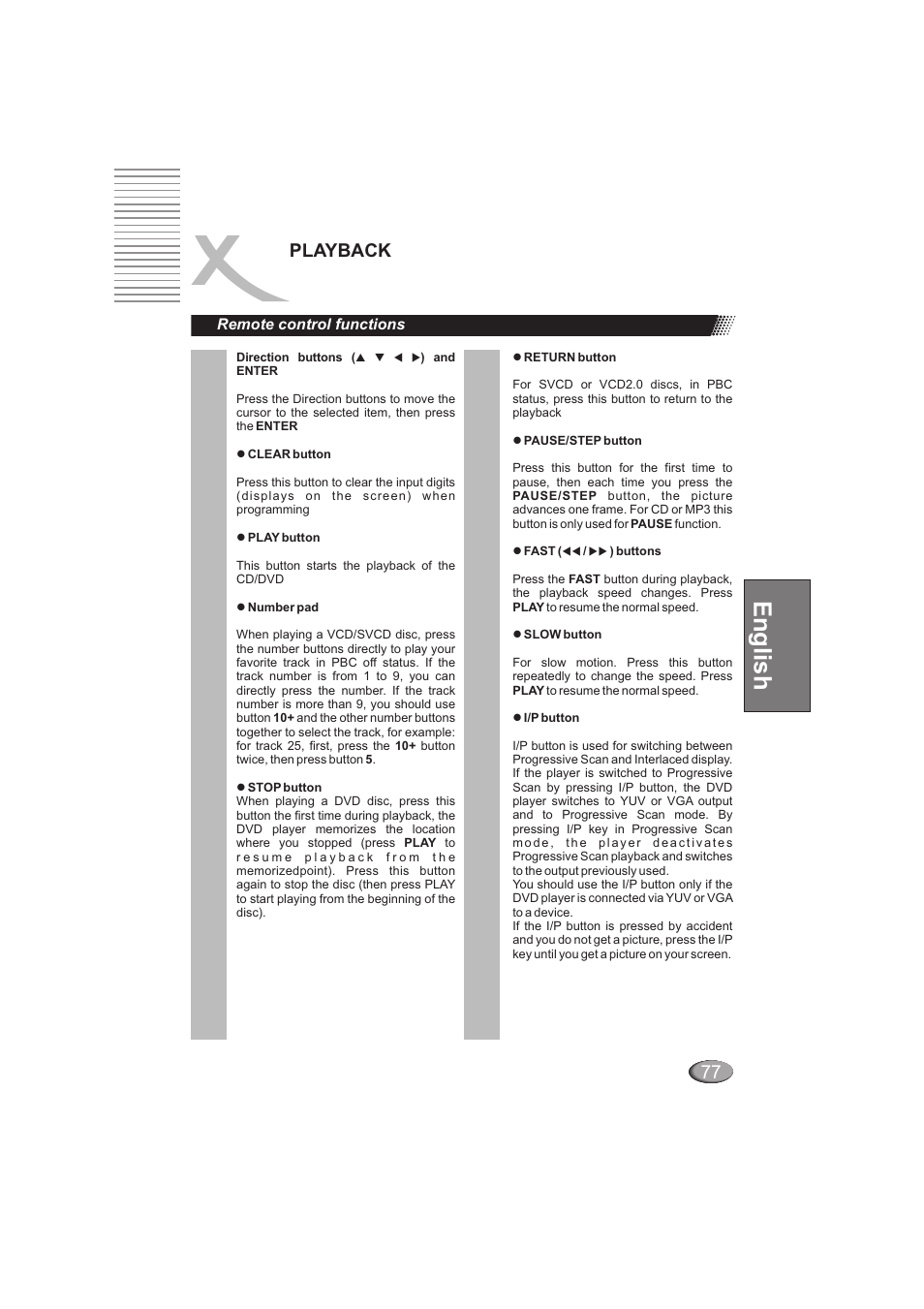 English, Playback, Remote control functions | Xoro HSD 202 User Manual | Page 77 / 92