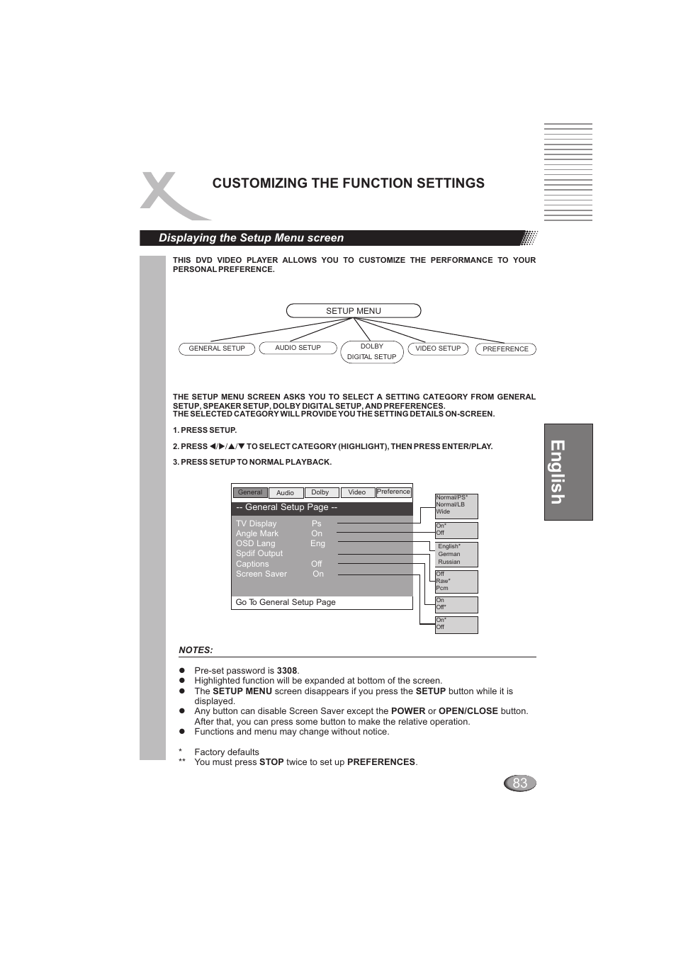 English, Customizing the function settings, Displaying the setup menu screen | Xoro HSD 202 User Manual | Page 83 / 92