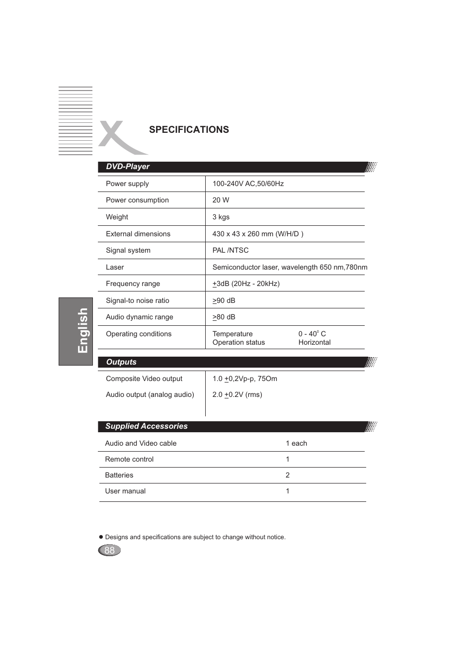 English, Specifications | Xoro HSD 202 User Manual | Page 88 / 92