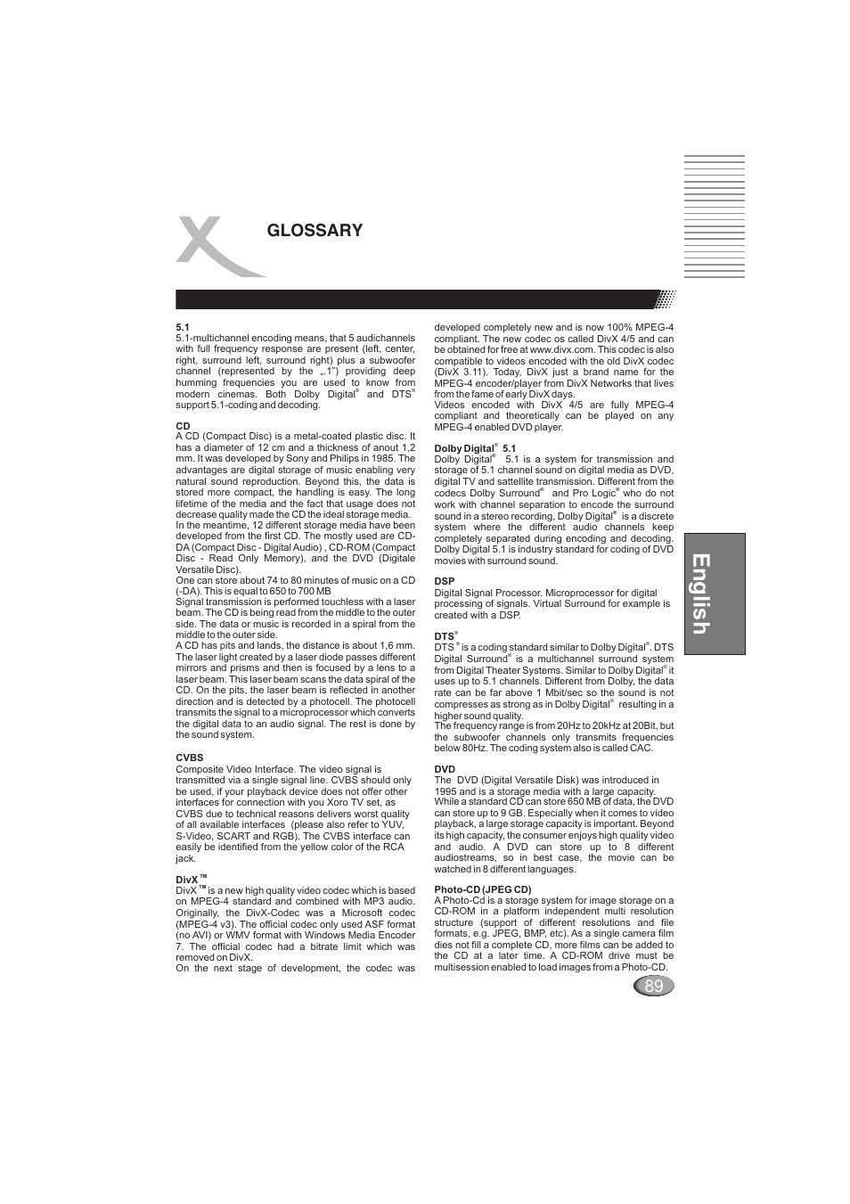 English, 89 glossary | Xoro HSD 202 User Manual | Page 89 / 92