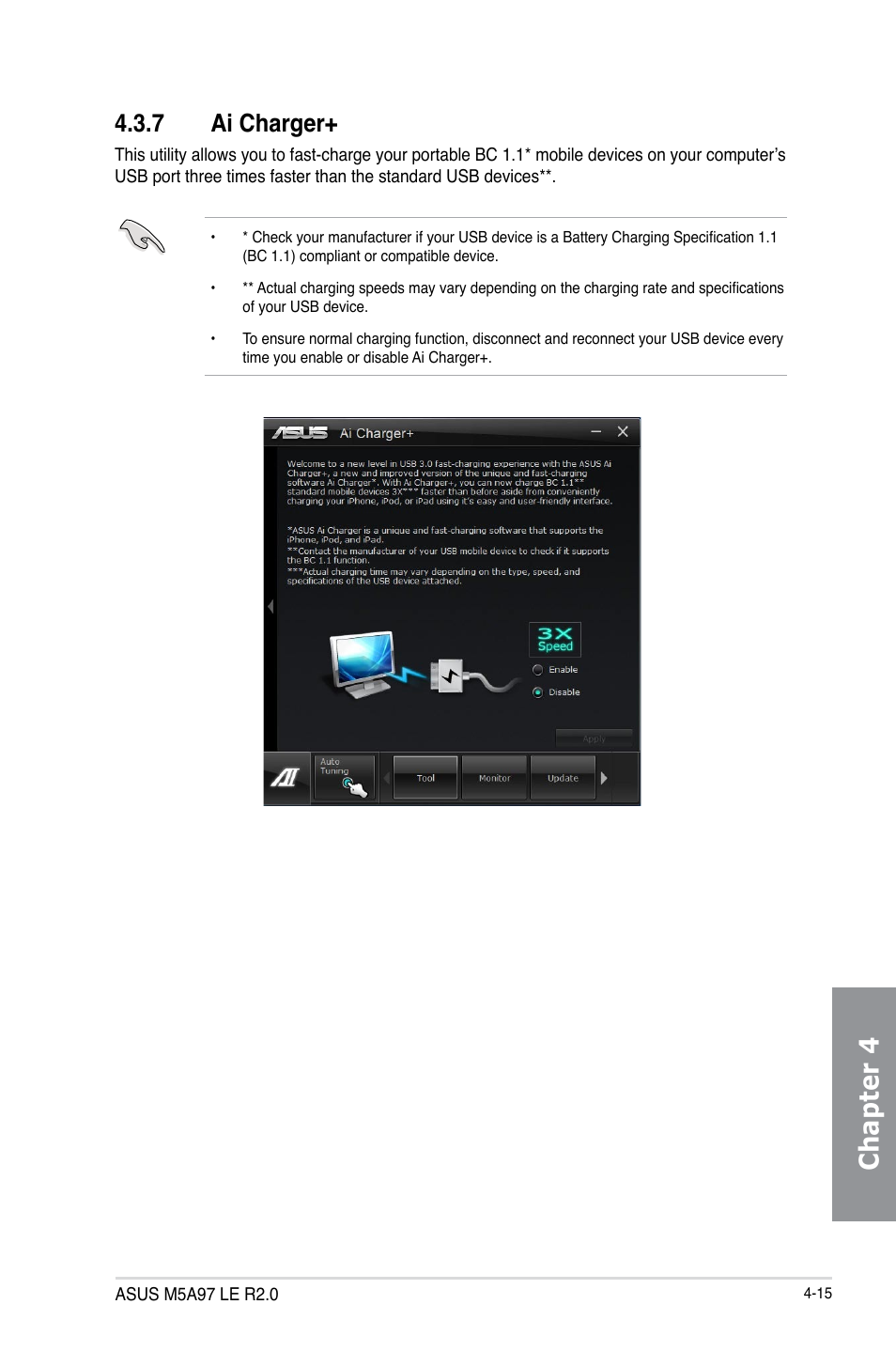 7 ai charger, Ai charger+ -15, Chapter 4 | Asus M5A97 LE R2.0 User Manual | Page 105 / 132