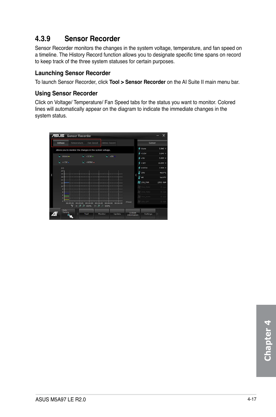 9 sensor recorder, Sensor recorder -17, Chapter 4 | Asus M5A97 LE R2.0 User Manual | Page 107 / 132