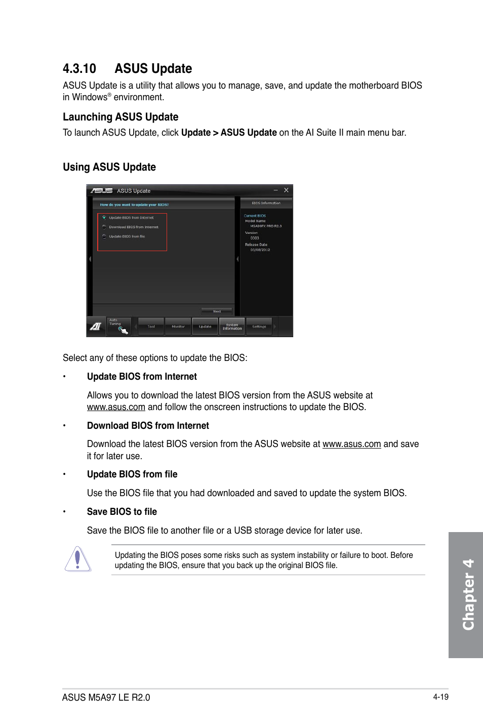 10 asus update, Asus update -19, Chapter 4 | Asus M5A97 LE R2.0 User Manual | Page 109 / 132