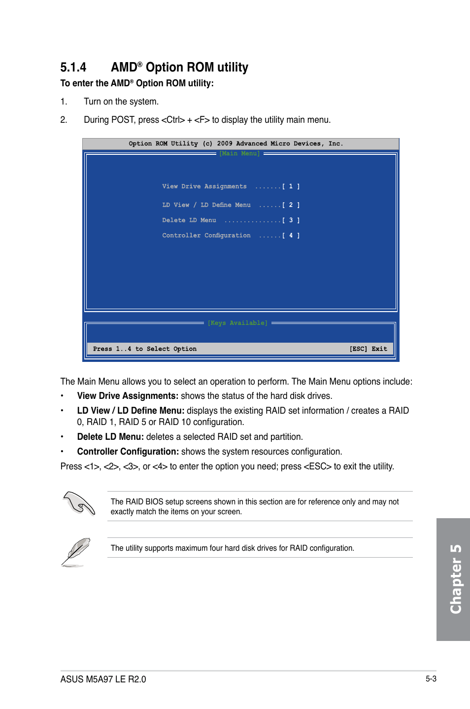 4 amd® option rom utility, Option rom utility -3, Chapter 5 | 4 amd, Option rom utility | Asus M5A97 LE R2.0 User Manual | Page 115 / 132