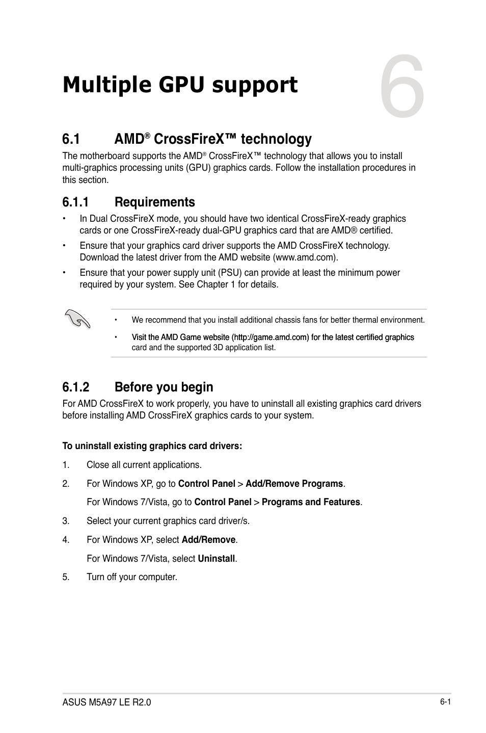 Multiple gpu support, 1 amd® crossfirex™ technology, 1 requirements | 2 before you begin, Crossfirex™ technology -1, Requirements -1, Before you begin -1, Chapter 6, 1 amd, Crossfirex™ technology | Asus M5A97 LE R2.0 User Manual | Page 123 / 132