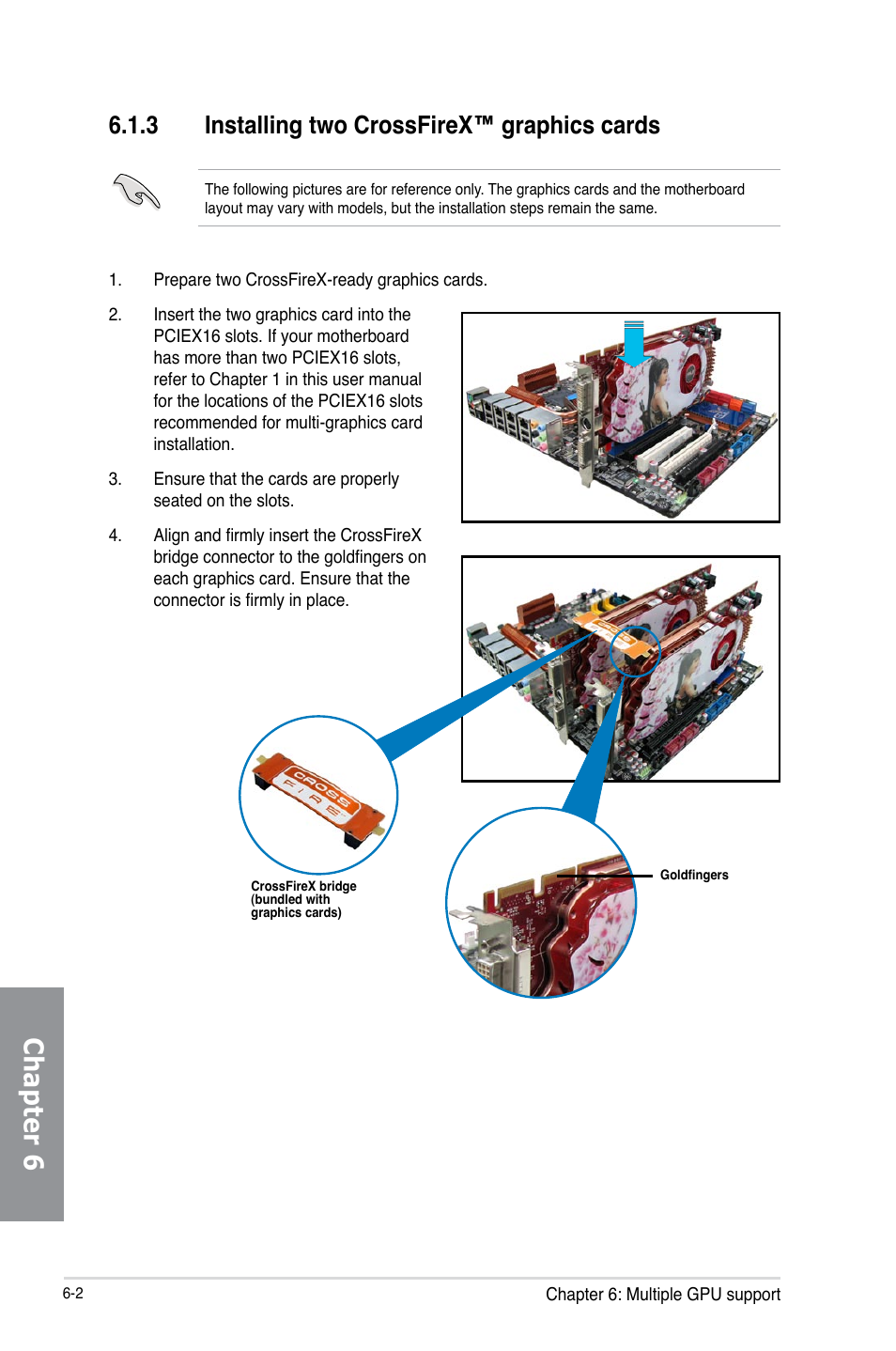 3 installing two crossfirex™ graphics cards, Installing two crossfirex™ graphics cards -2, Chapter 6 | Asus M5A97 LE R2.0 User Manual | Page 124 / 132