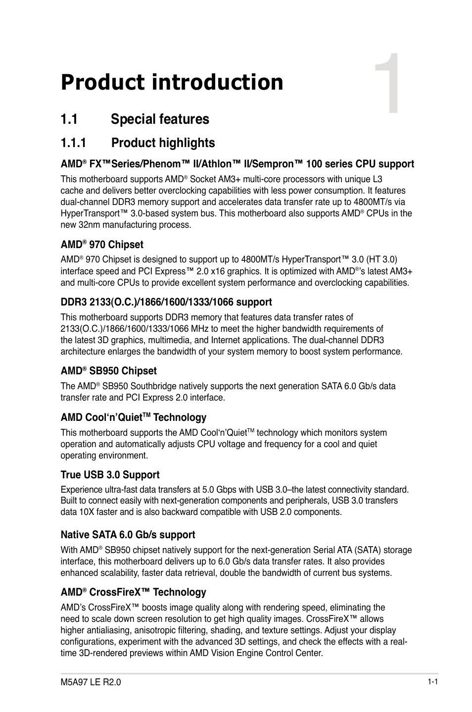 Product introduction, 1 special features, 1 product highlights | Special features -1 1.1.1, Product highlights -1 | Asus M5A97 LE R2.0 User Manual | Page 15 / 132