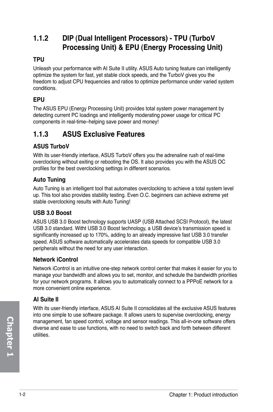 3 asus exclusive features, Dip (dual intelligent processors) - tpu, Asus exclusive features -2 | Chapter 1 | Asus M5A97 LE R2.0 User Manual | Page 16 / 132
