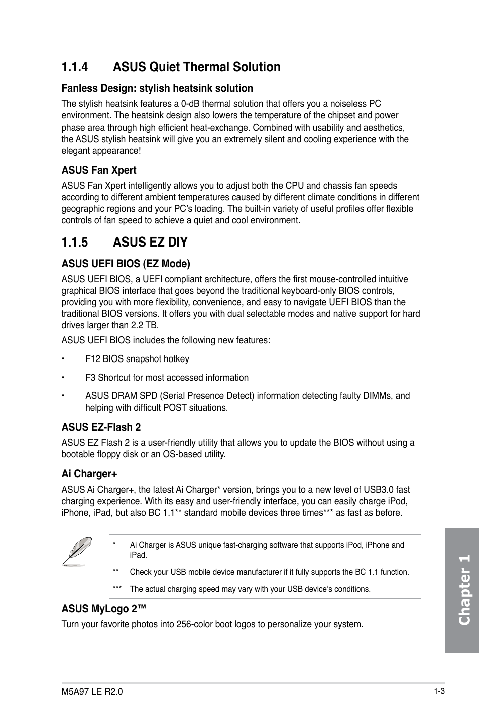 4 asus quiet thermal solution, 5 asus ez diy, Asus quiet thermal solution -3 | Asus ez diy -3, Chapter 1 | Asus M5A97 LE R2.0 User Manual | Page 17 / 132