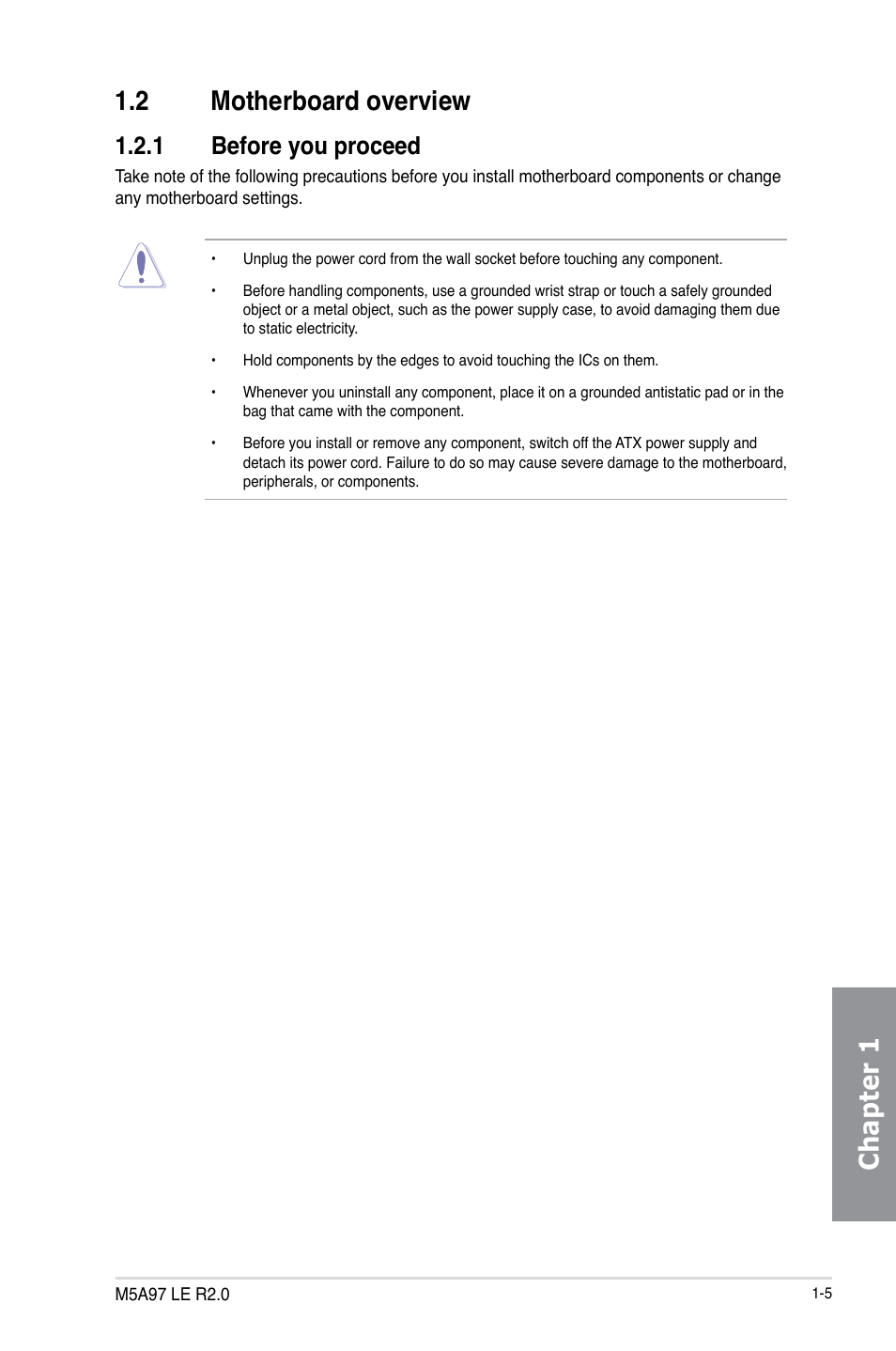 2 motherboard overview, 1 before you proceed, Motherboard overview -5 1.2.1 | Before you proceed -5, Chapter 1, Chapter 1 1.2 motherboard overview | Asus M5A97 LE R2.0 User Manual | Page 19 / 132