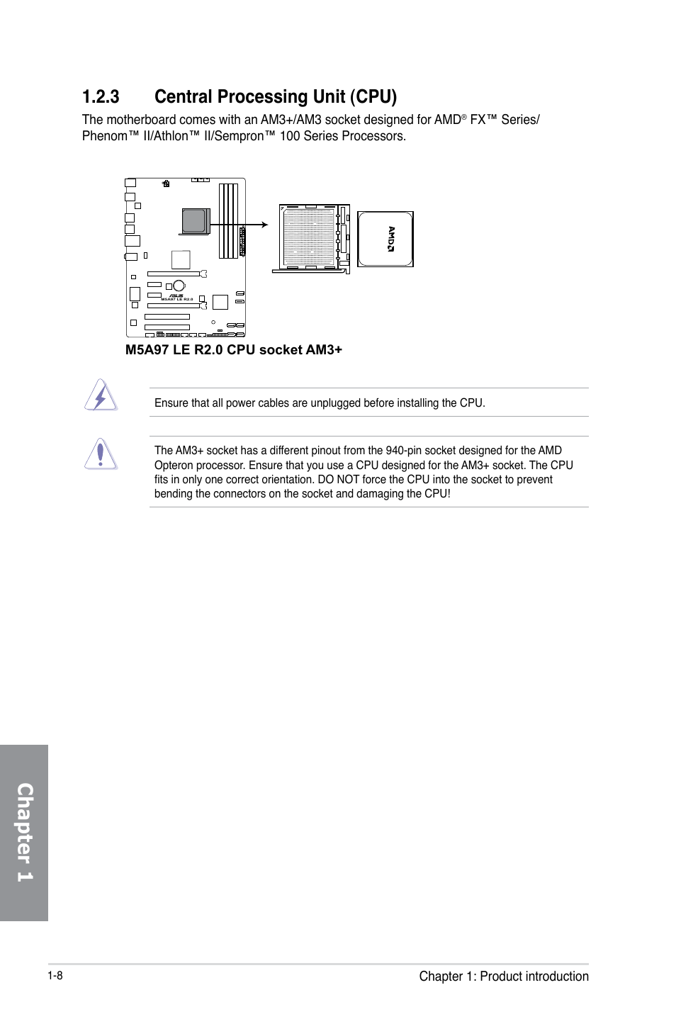 3 central processing unit (cpu), Central processing unit (cpu) -8, Chapter 1 | Asus M5A97 LE R2.0 User Manual | Page 22 / 132