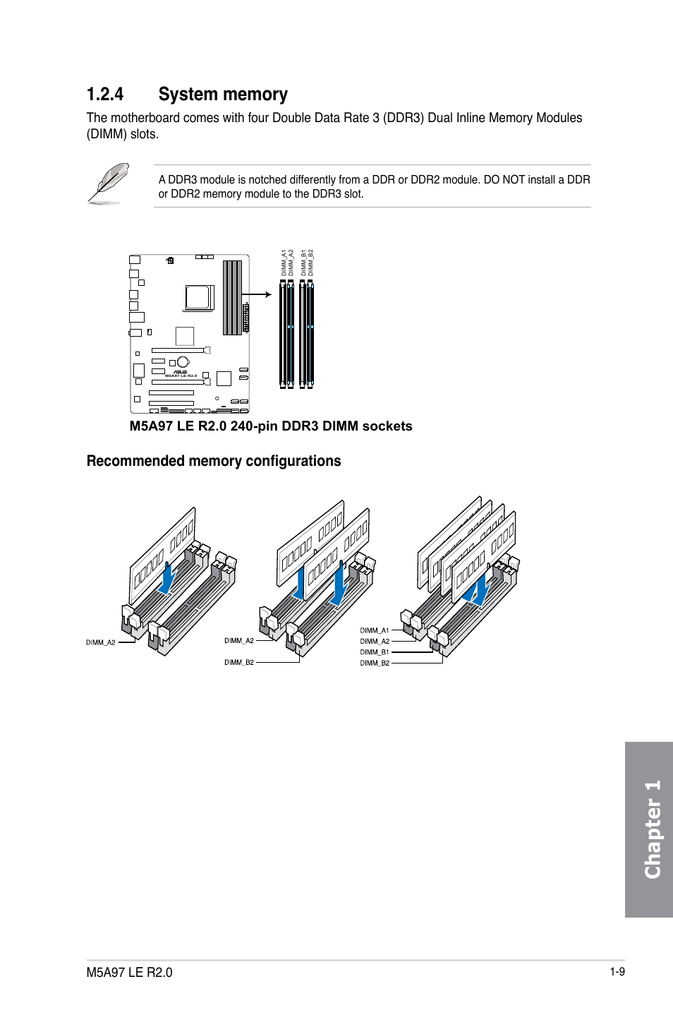 4 system memory, System memory -9, Chapter 1 | Asus M5A97 LE R2.0 User Manual | Page 23 / 132