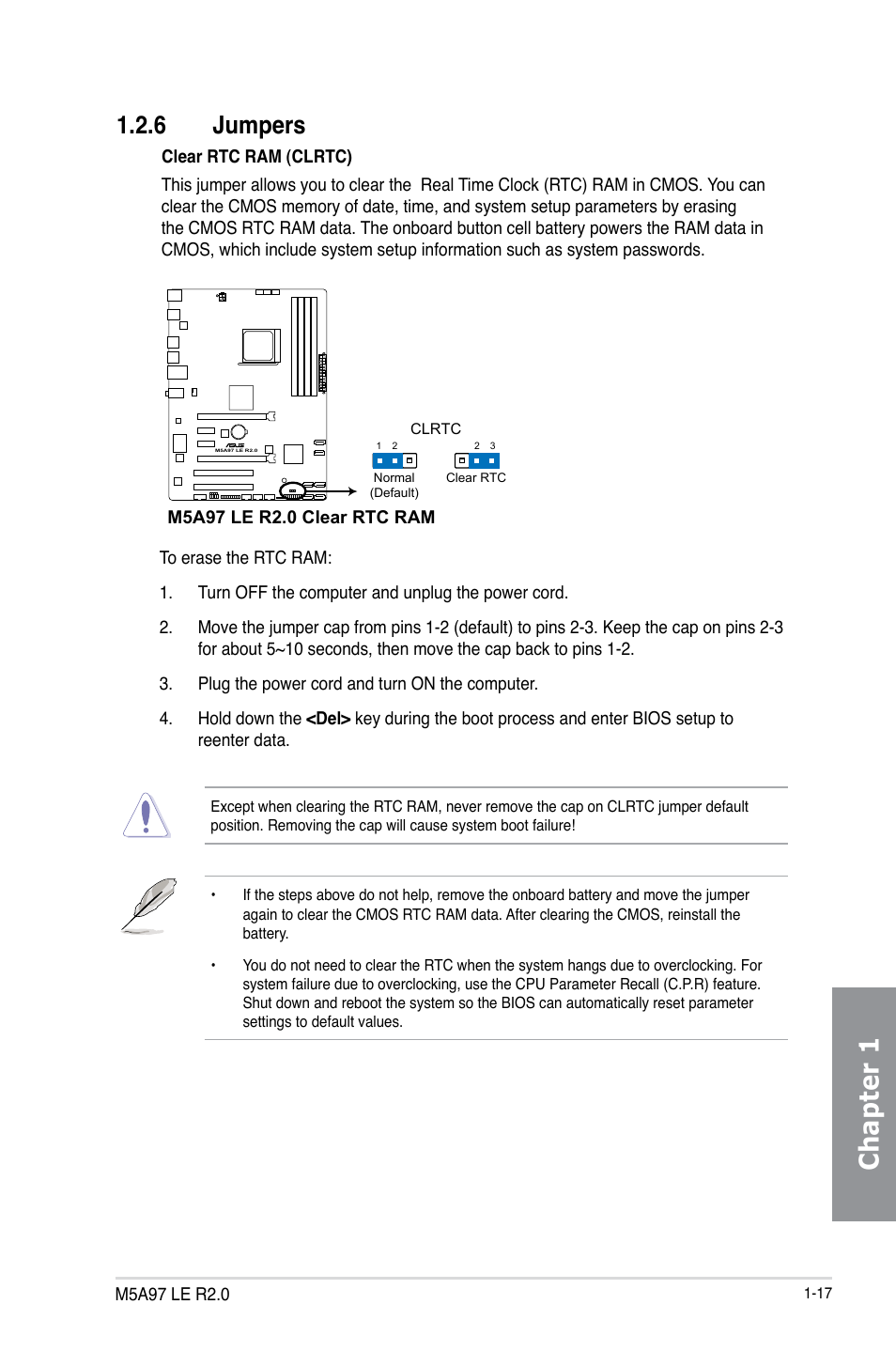 6 jumpers, Jumpers -17, Chapter 1 | Asus M5A97 LE R2.0 User Manual | Page 31 / 132