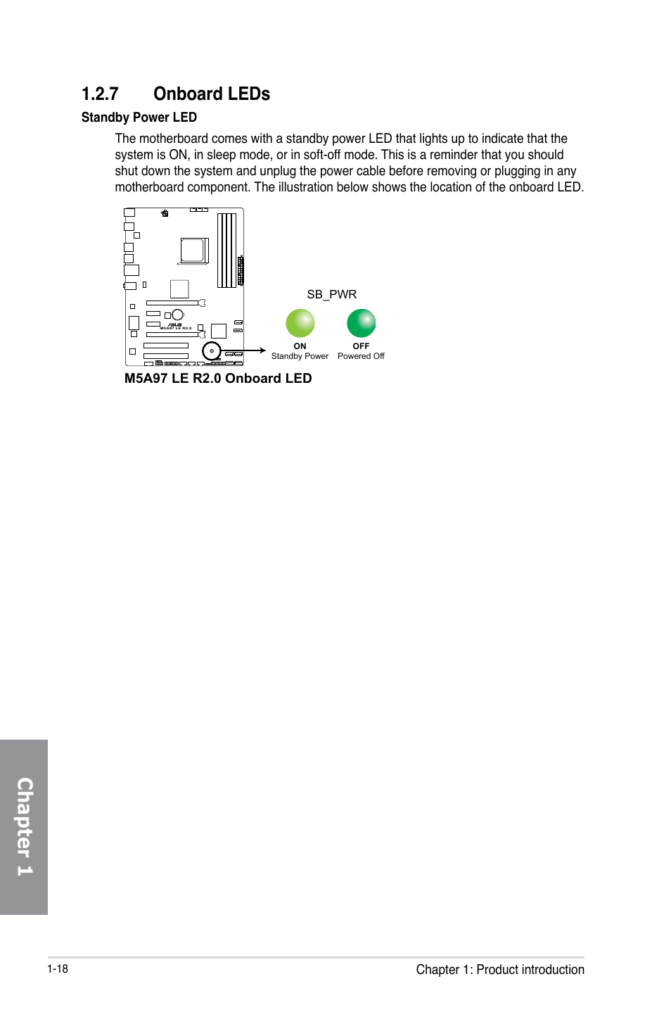 7 onboard leds, Onboard leds -18, Chapter 1 | Asus M5A97 LE R2.0 User Manual | Page 32 / 132