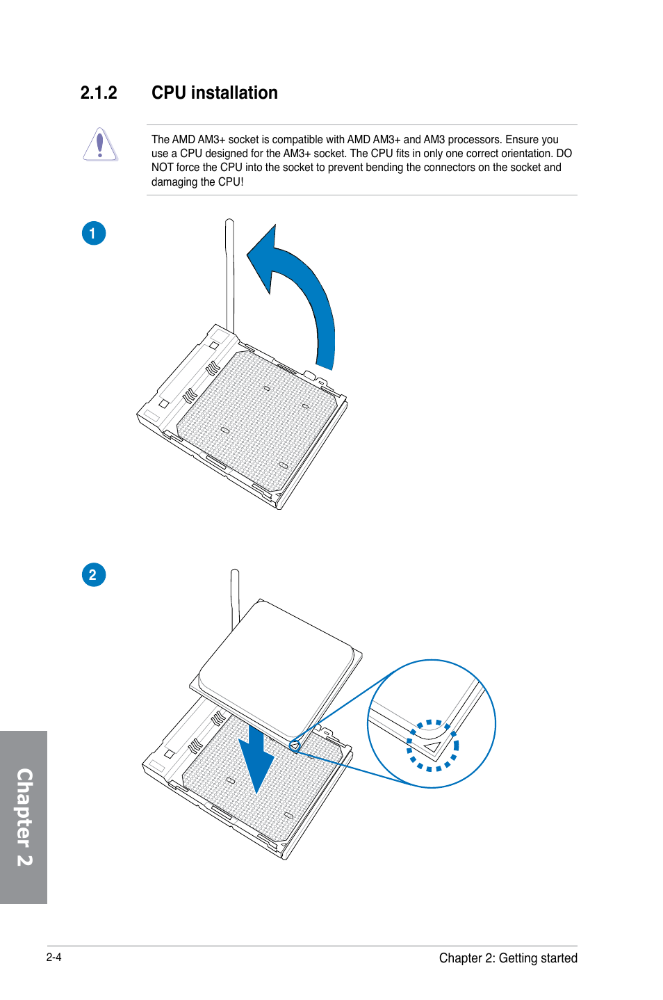 2 cpu installation, Cpu installation -4, Chapter 2 | Asus M5A97 LE R2.0 User Manual | Page 42 / 132