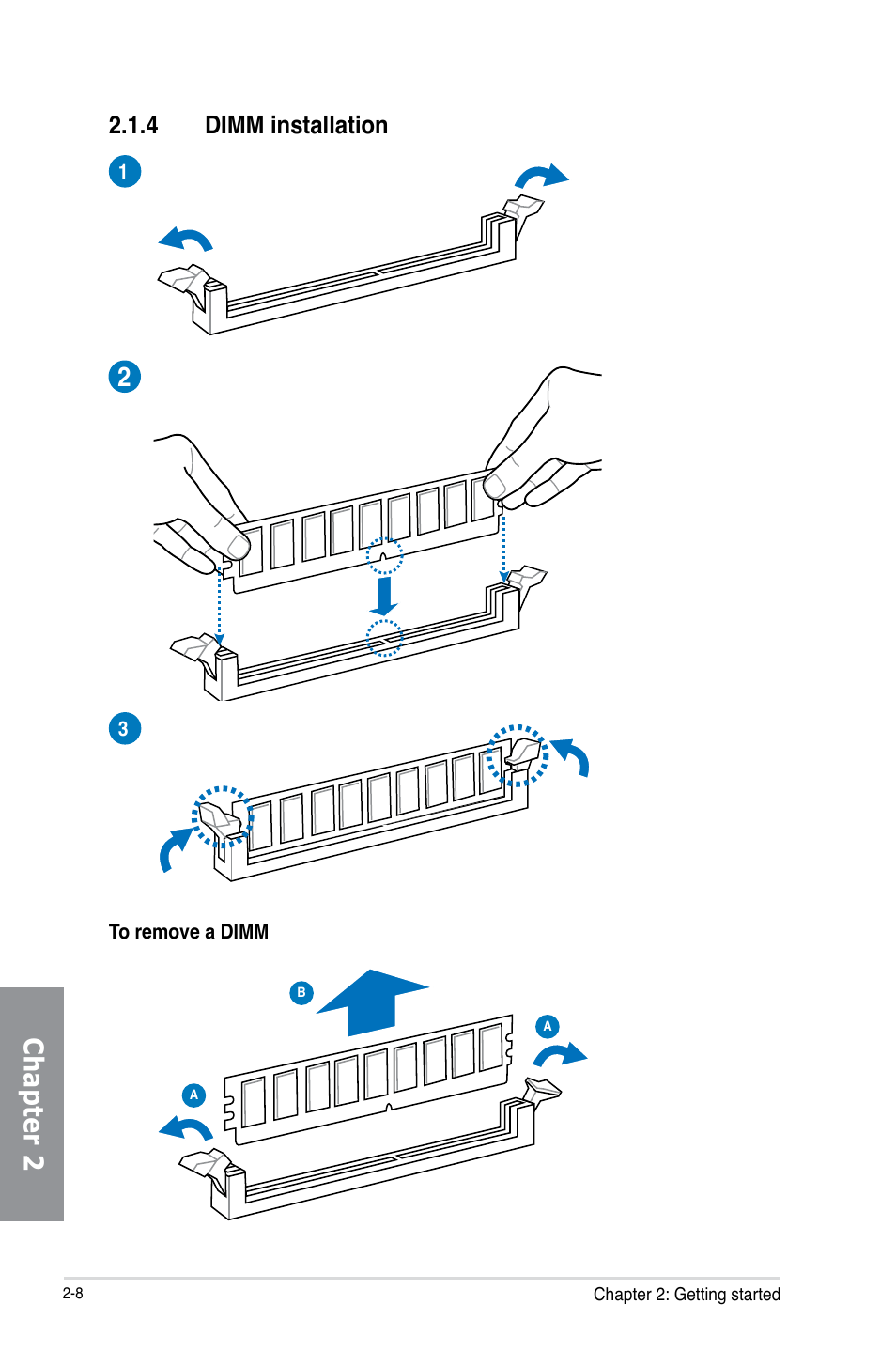 4 dimm installation, Dimm installation -8, Chapter 2 | Asus M5A97 LE R2.0 User Manual | Page 46 / 132