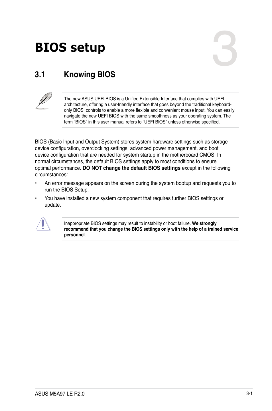Bios setup, 1 knowing bios, Knowing bios -1 | Asus M5A97 LE R2.0 User Manual | Page 55 / 132